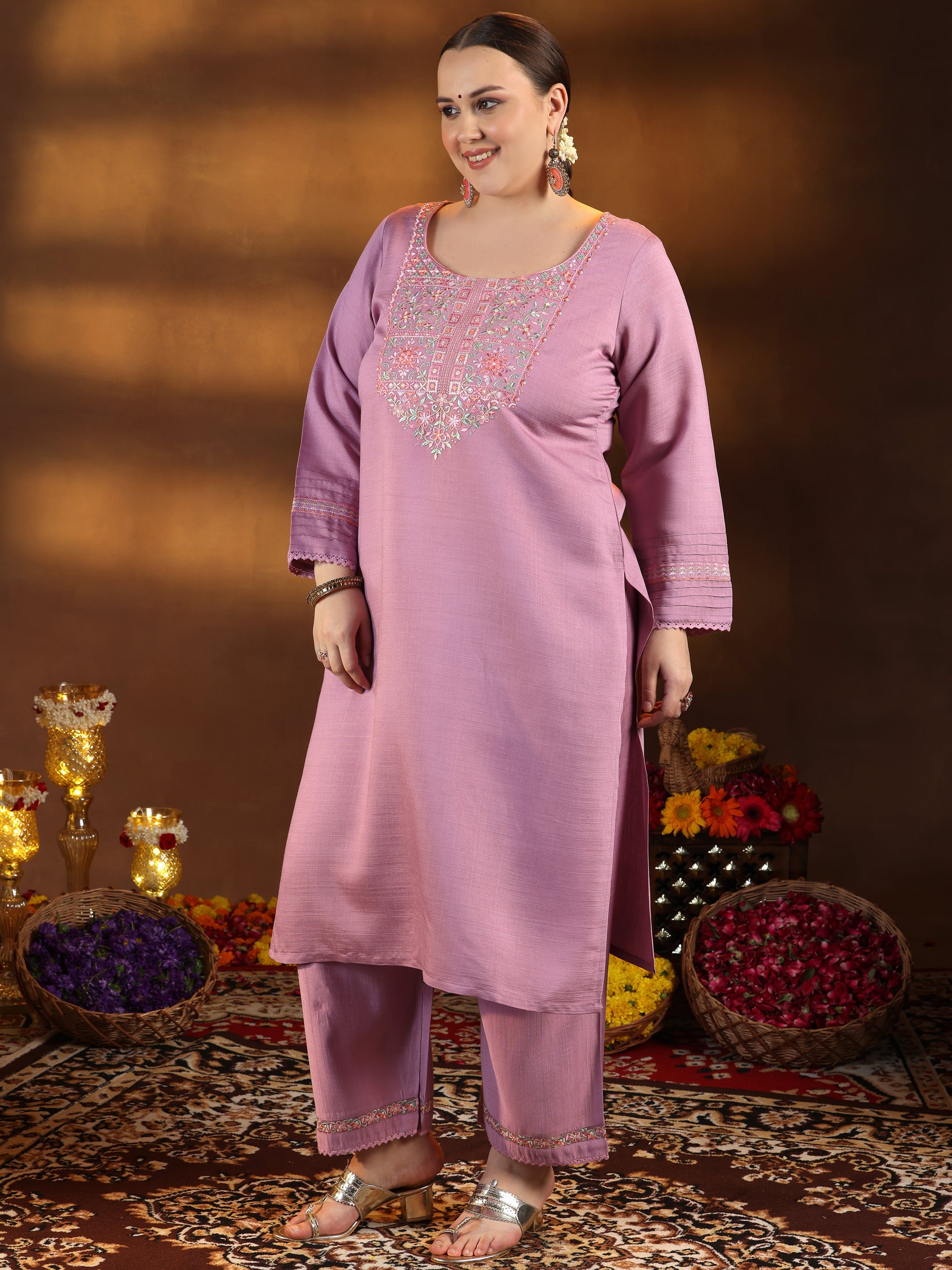 Plus Size Lavender Yoke Design Silk Blend Straight Suit With Dupatta