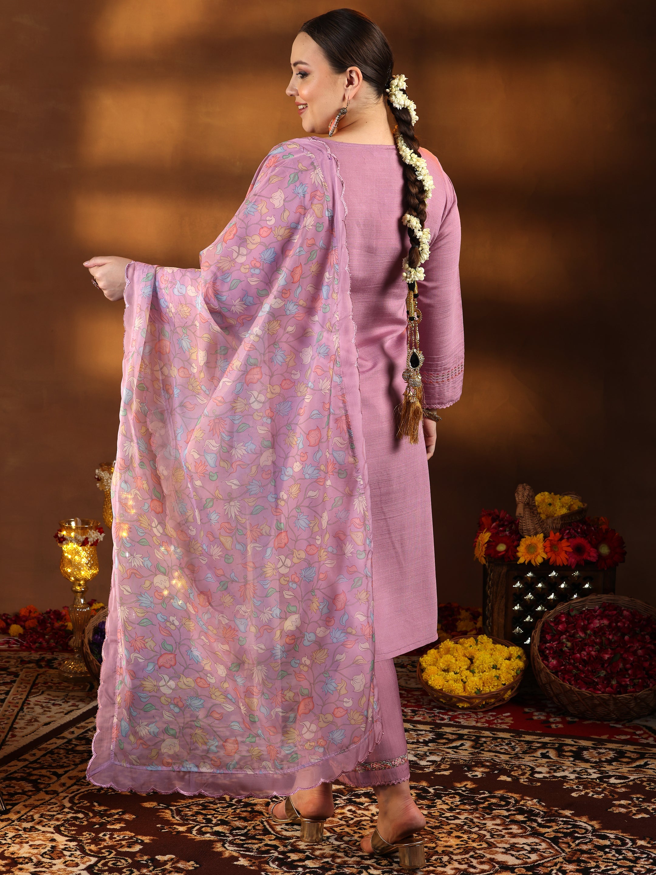 Plus Size Lavender Yoke Design Silk Blend Straight Suit With Dupatta