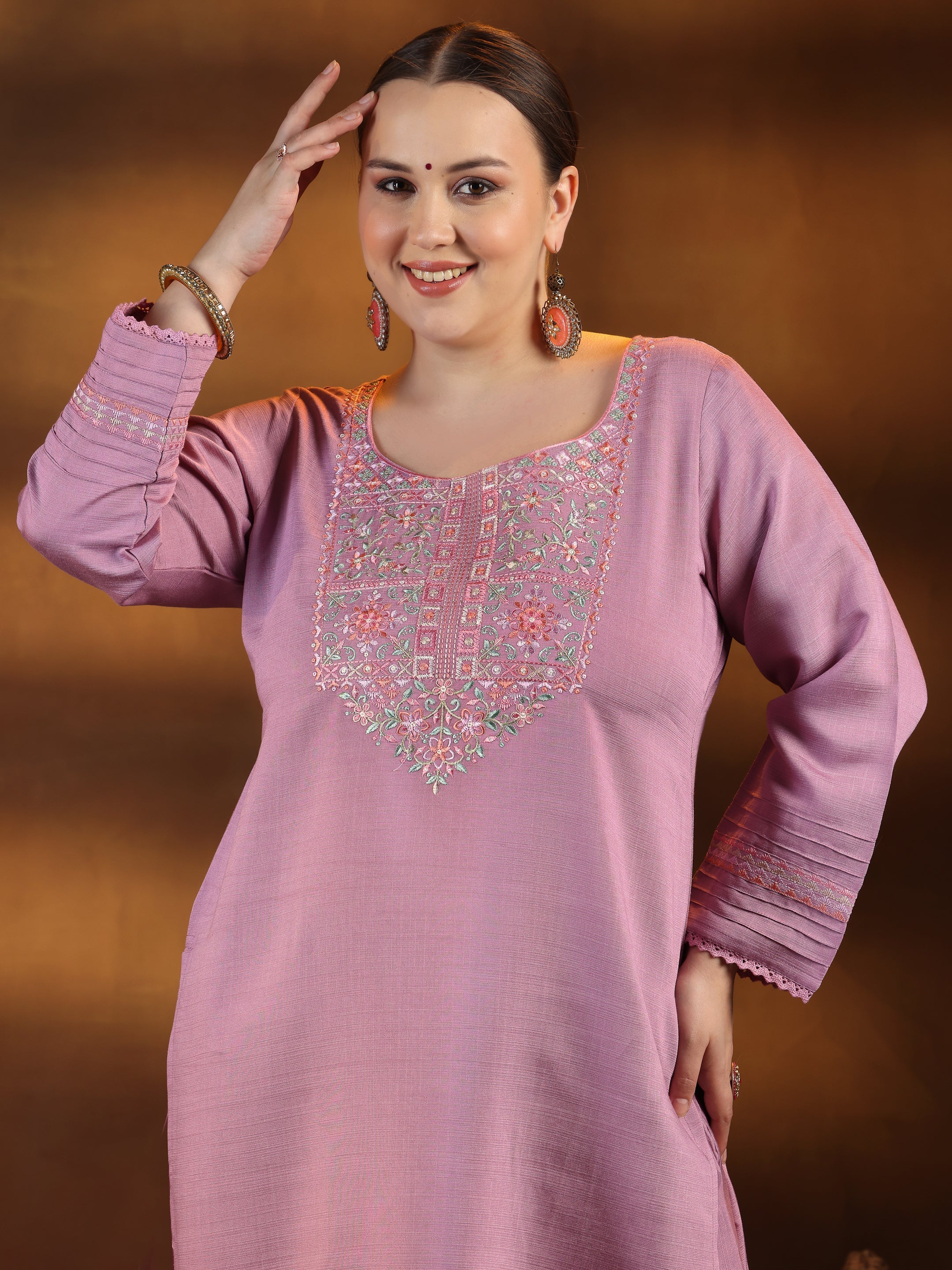 Plus Size Lavender Yoke Design Silk Blend Straight Suit With Dupatta