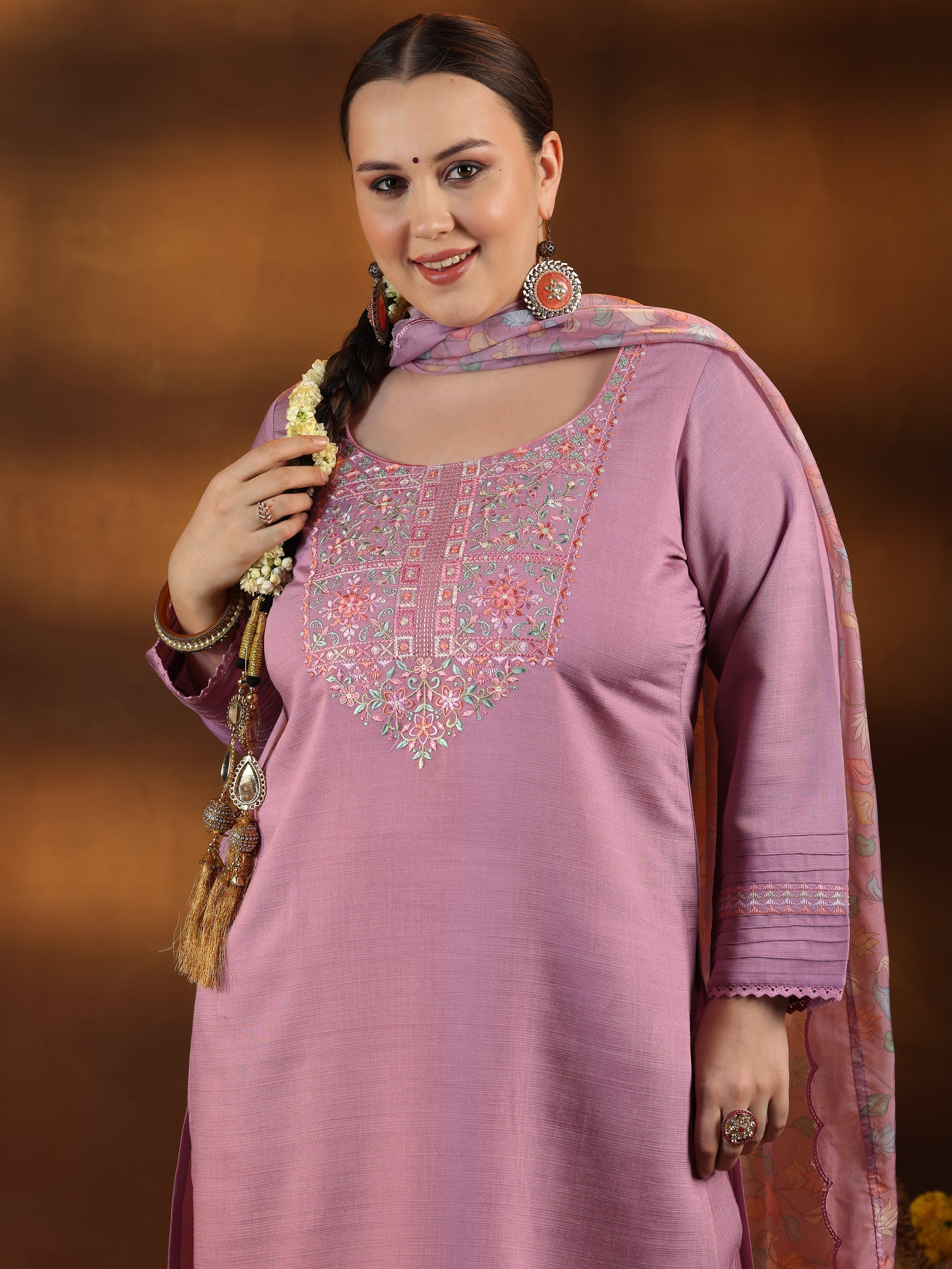 Plus Size Lavender Yoke Design Silk Blend Straight Suit With Dupatta