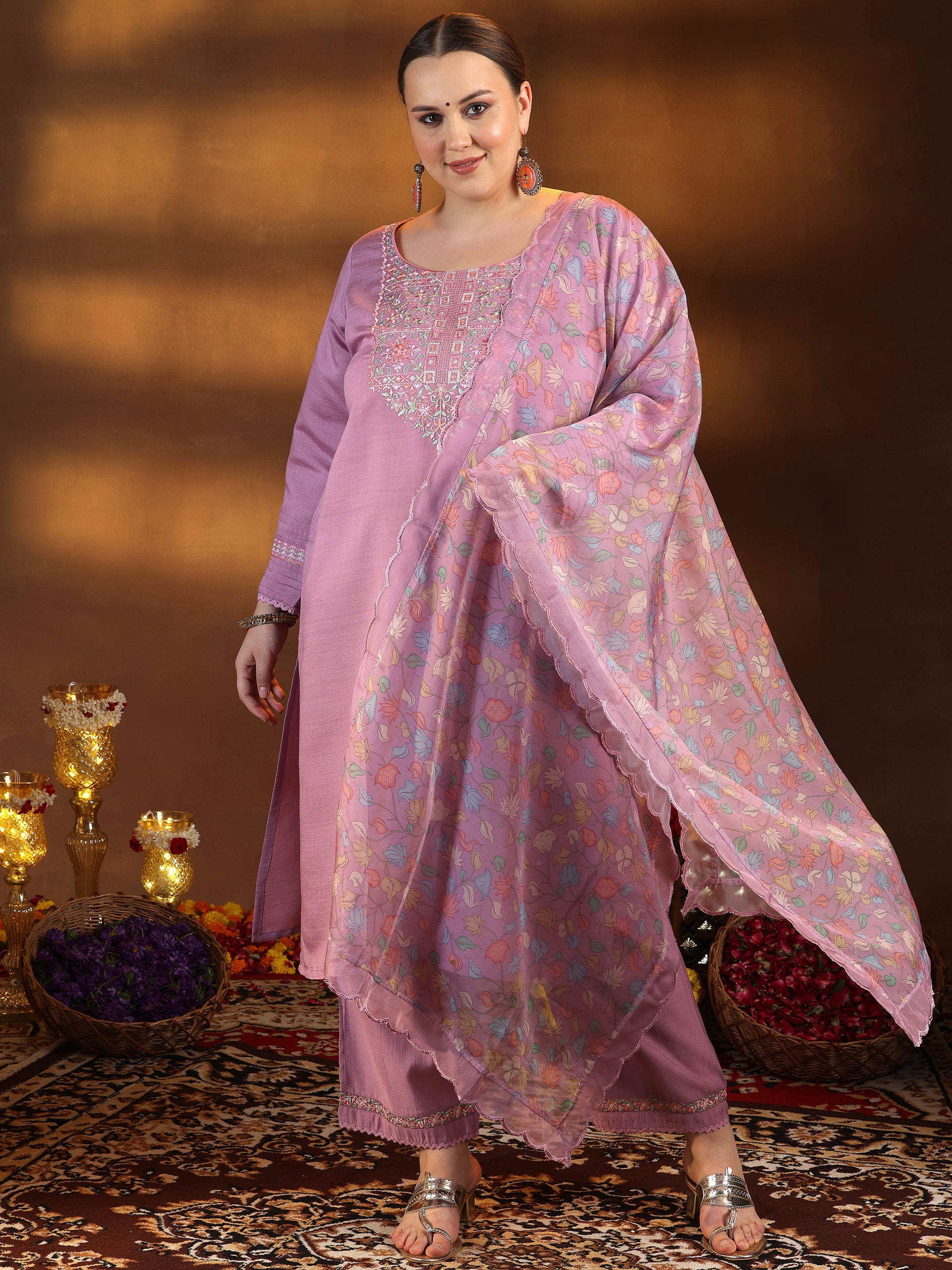 Plus Size Lavender Yoke Design Silk Blend Straight Suit With Dupatta