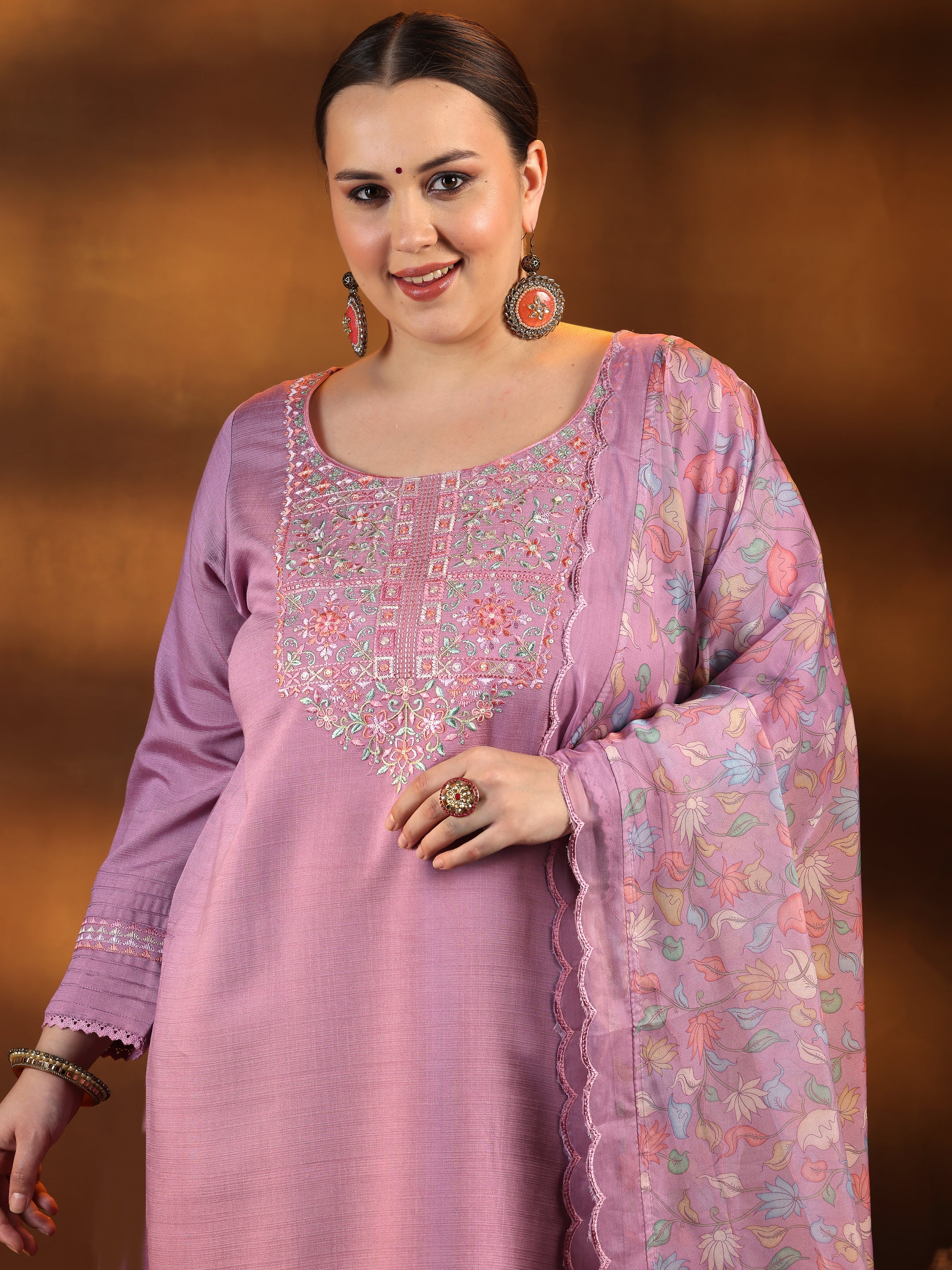 Plus Size Lavender Yoke Design Silk Blend Straight Suit With Dupatta