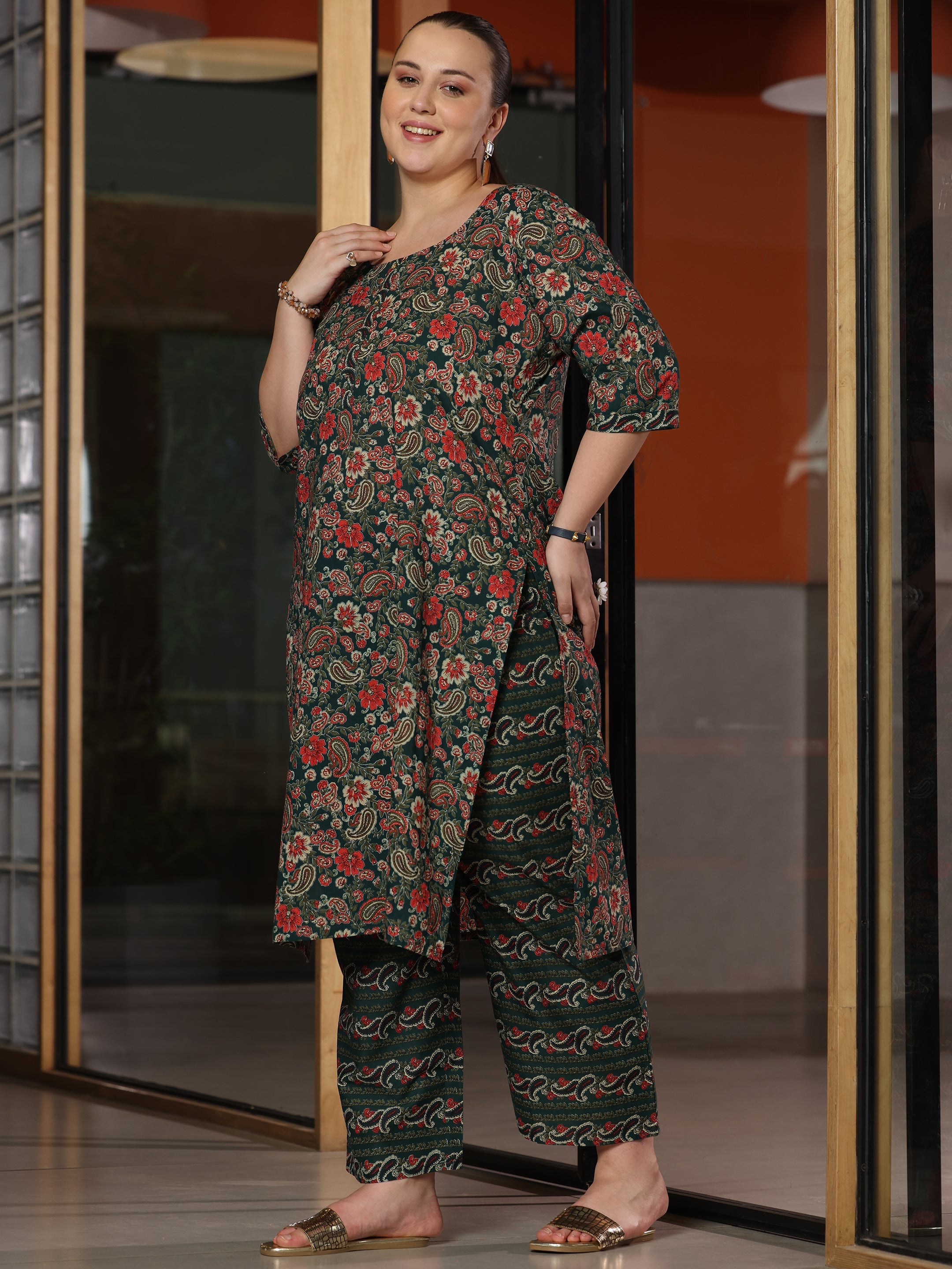 Plus Size Green Printed Cotton Straight Suit With Dupatta