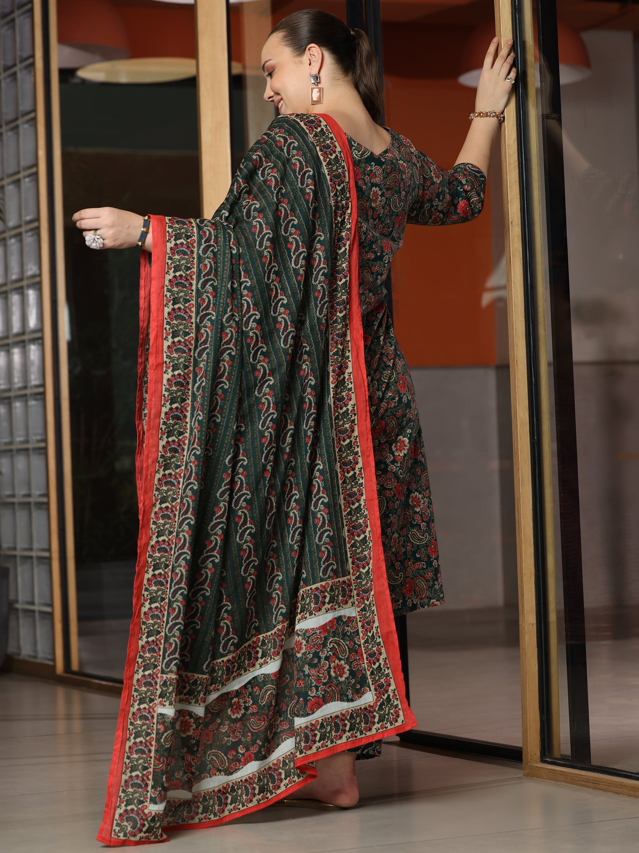 Plus Size Green Printed Cotton Straight Suit With Dupatta