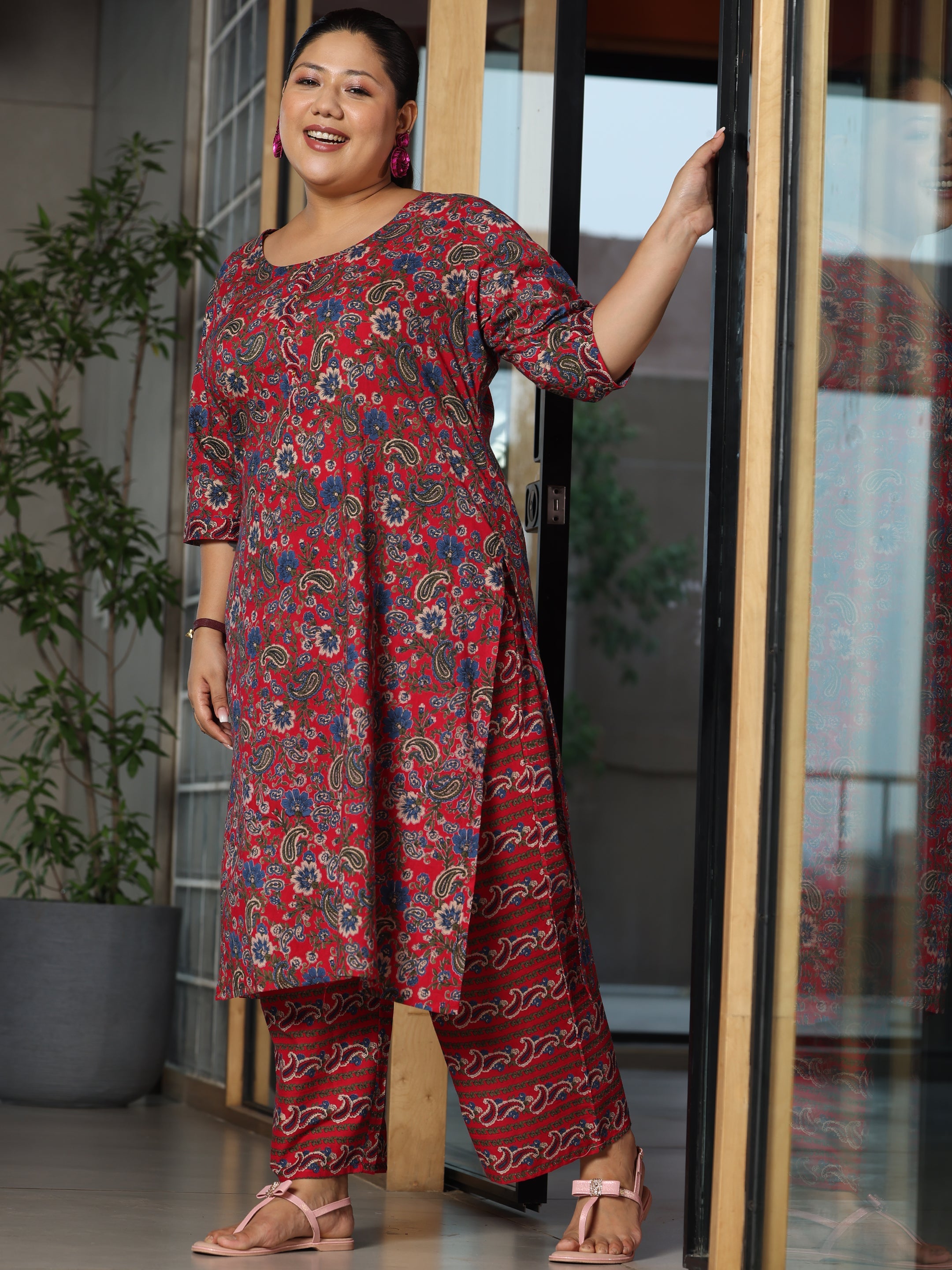 Plus Size Red Printed Cotton Straight Suit With Dupatta