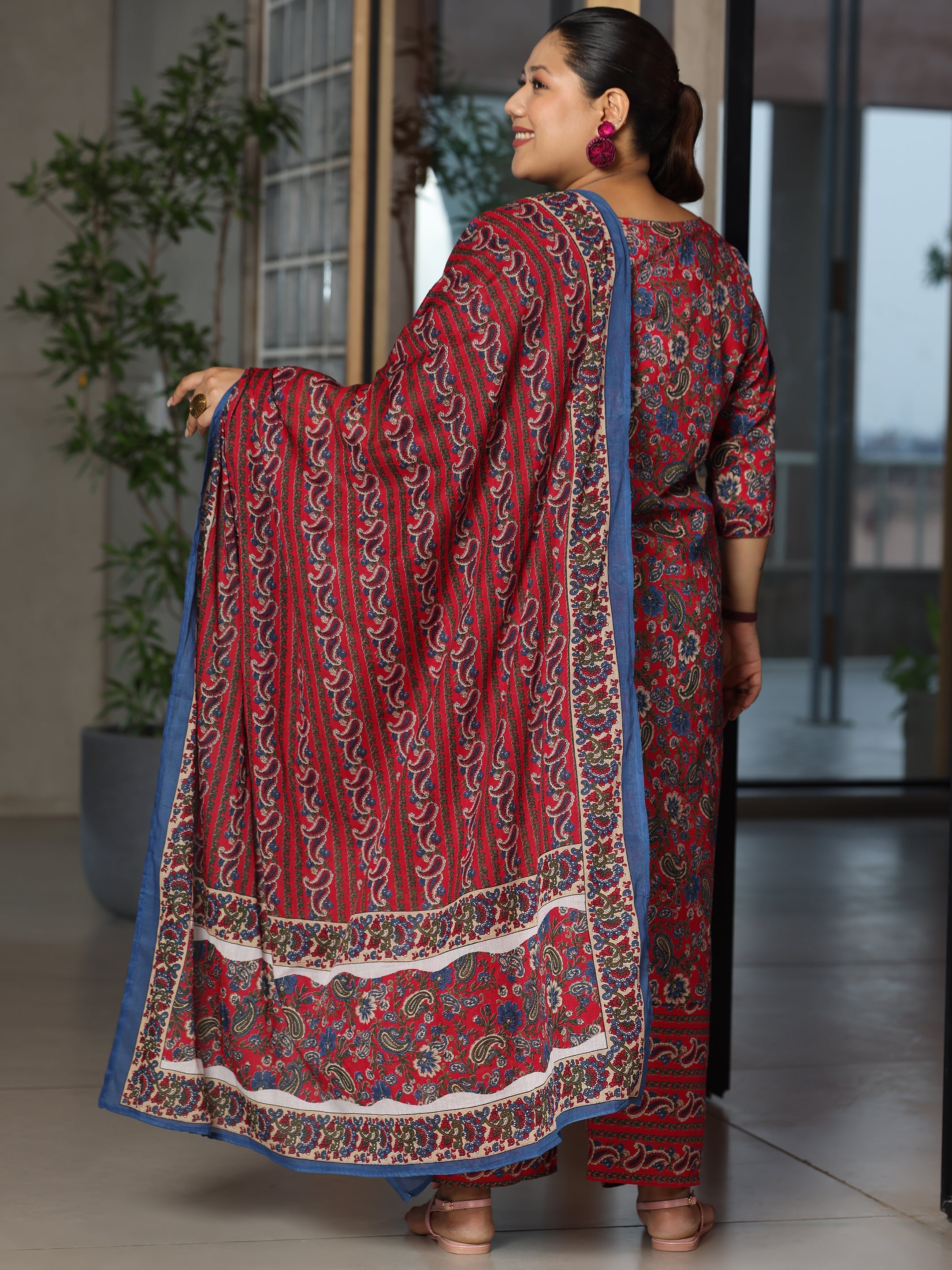 Plus Size Red Printed Cotton Straight Suit With Dupatta