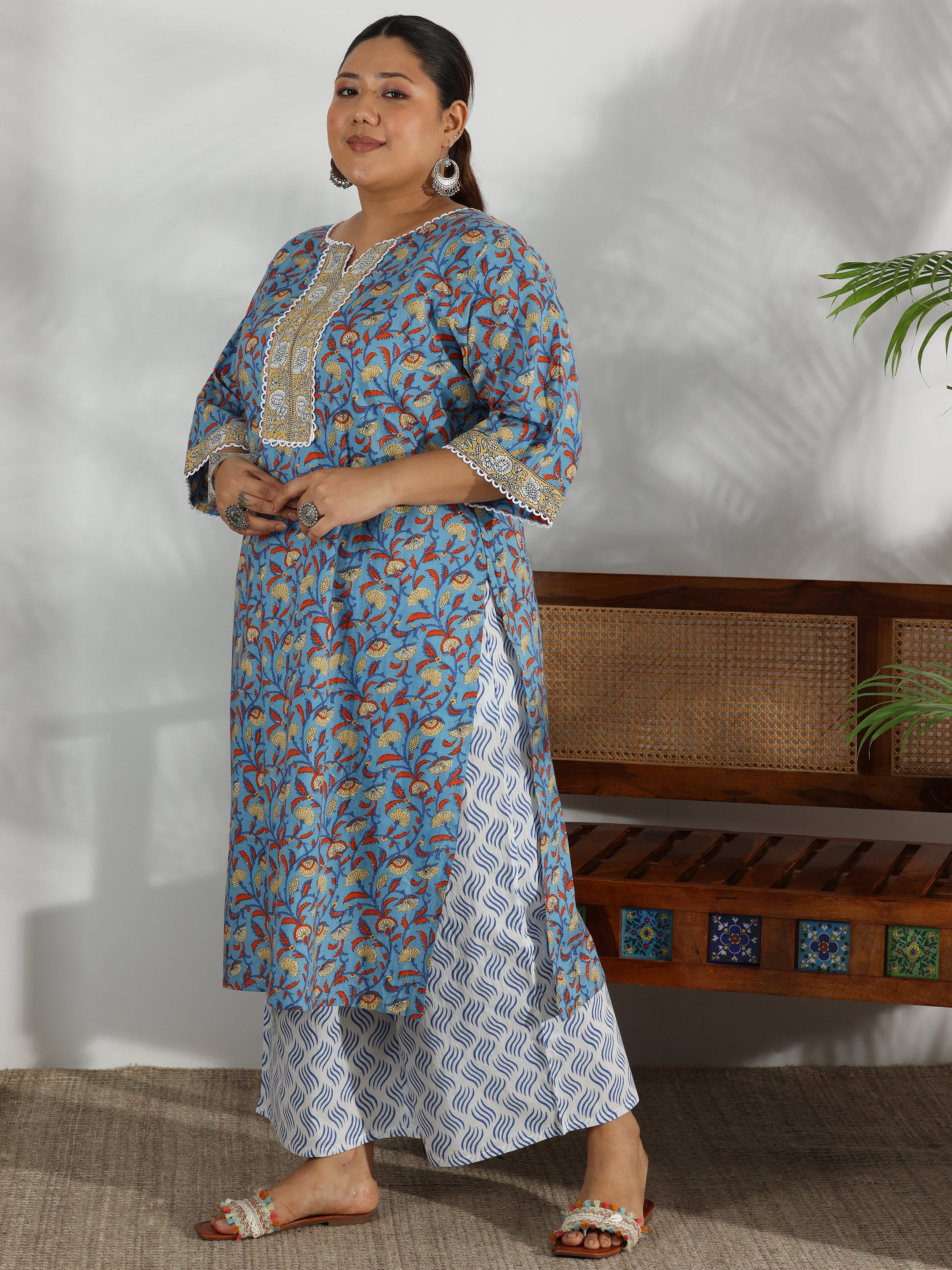 Plus Size Blue Printed Cotton Straight Suit With Dupatta