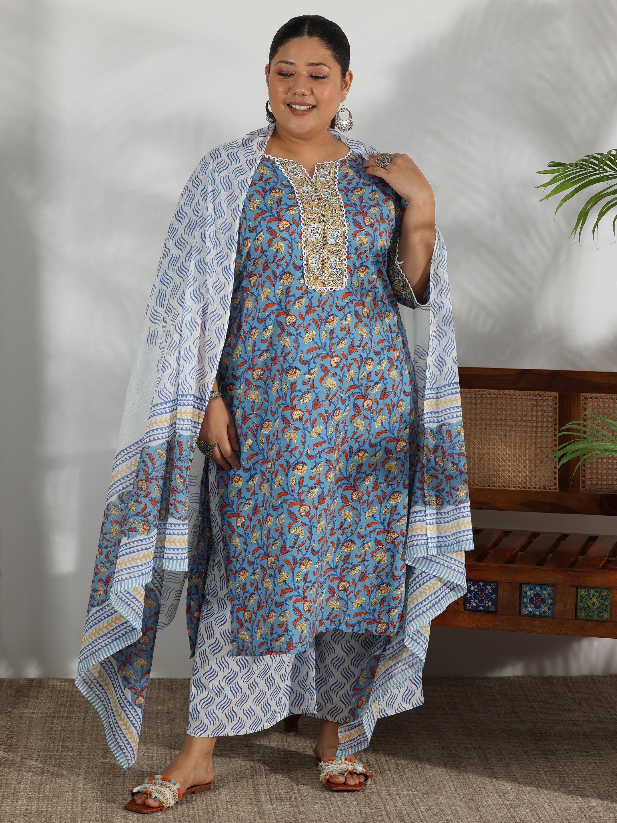 Plus Size Blue Printed Cotton Straight Suit With Dupatta