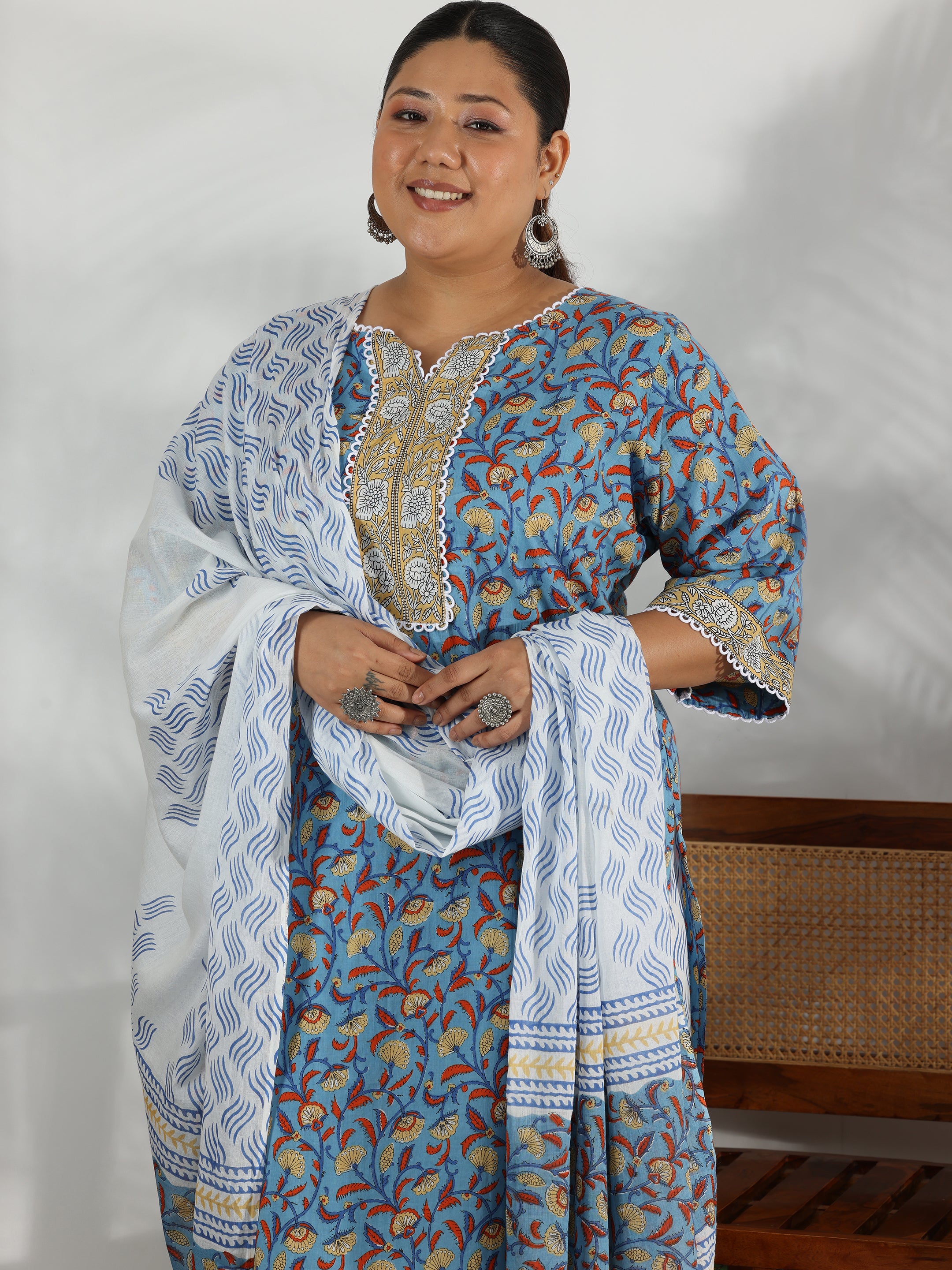 Plus Size Blue Printed Cotton Straight Suit With Dupatta