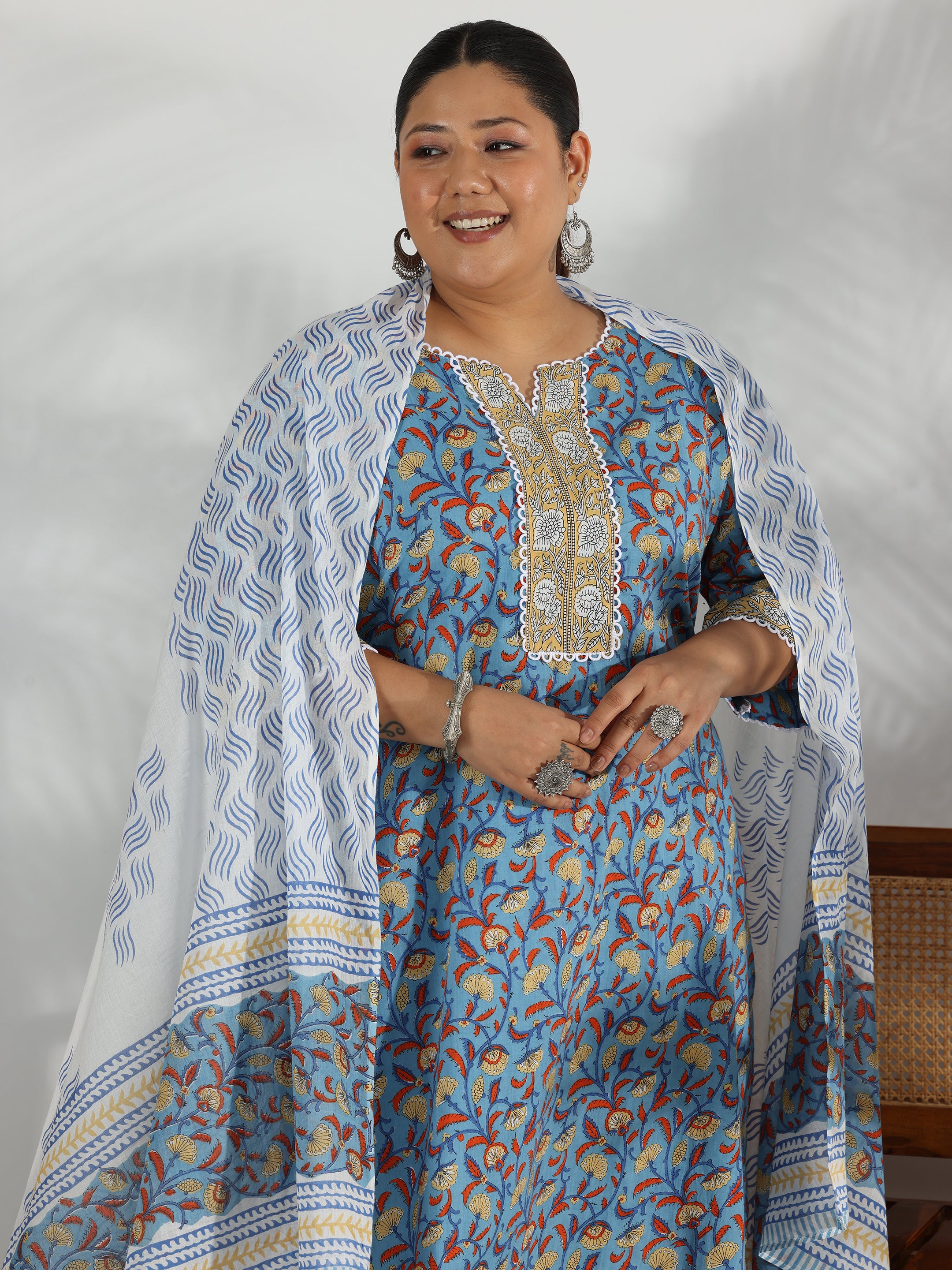 Plus Size Blue Printed Cotton Straight Suit With Dupatta