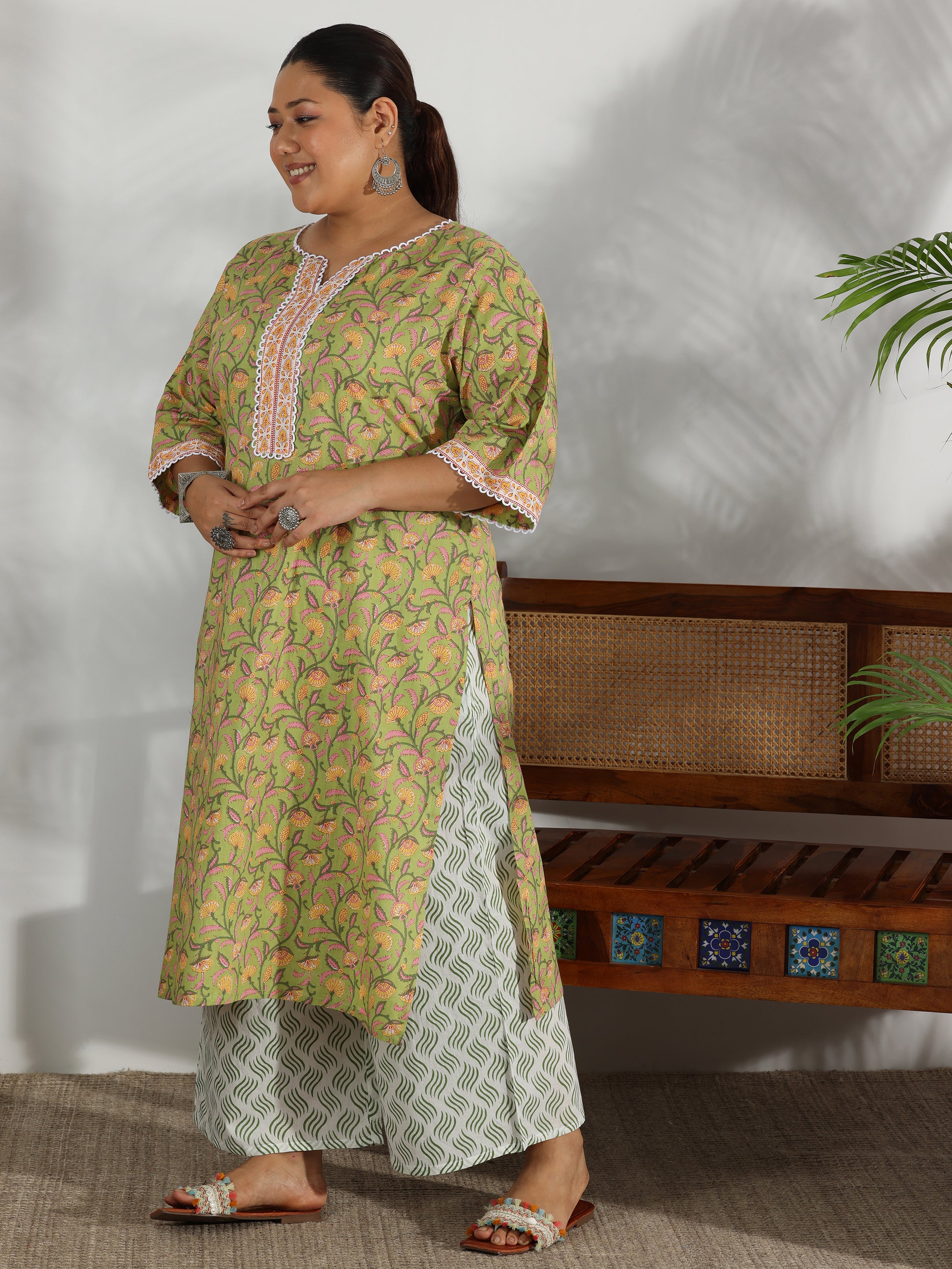 Plus Size Green Printed Cotton Straight Suit With Dupatta