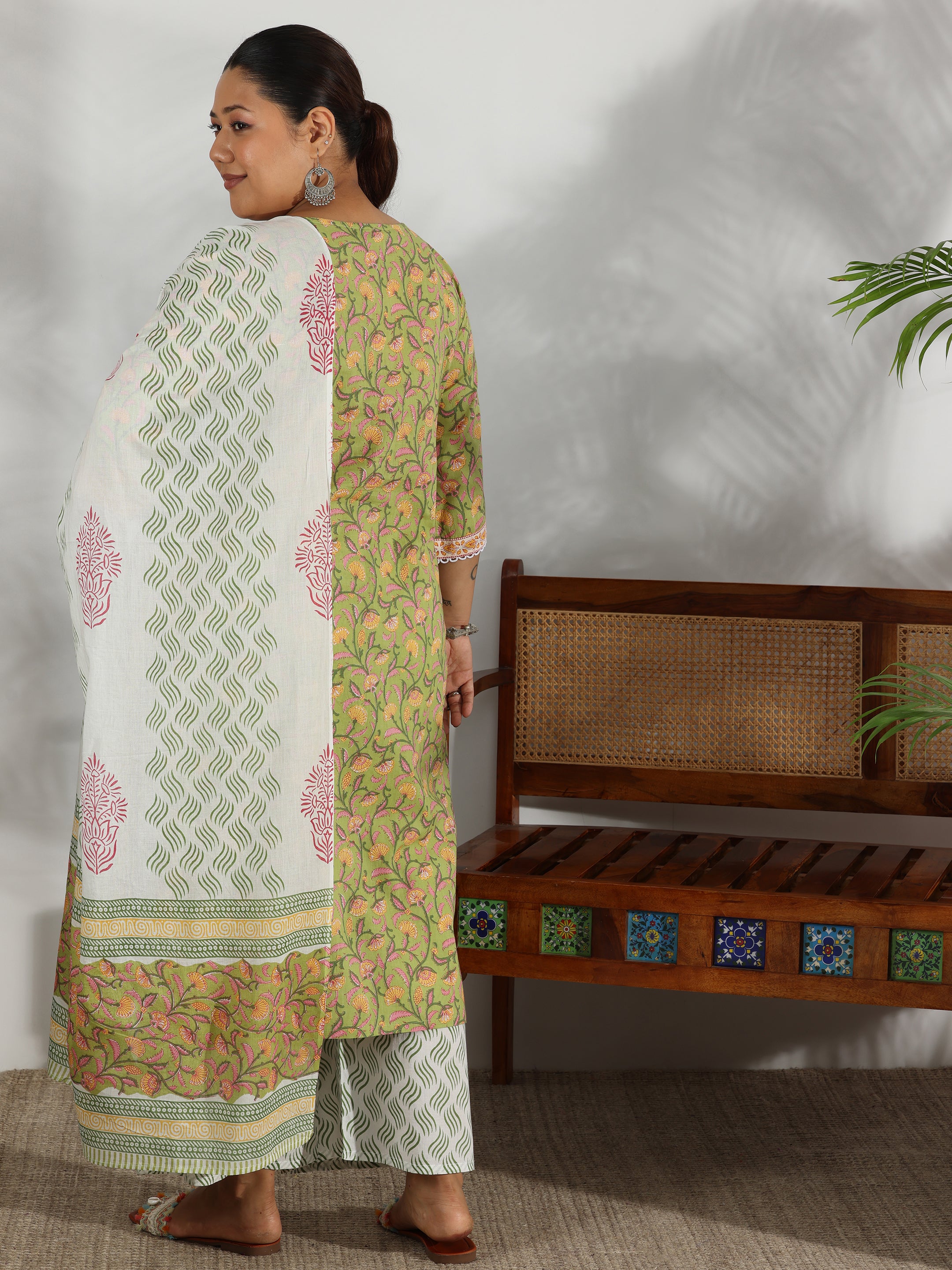 Plus Size Green Printed Cotton Straight Suit With Dupatta