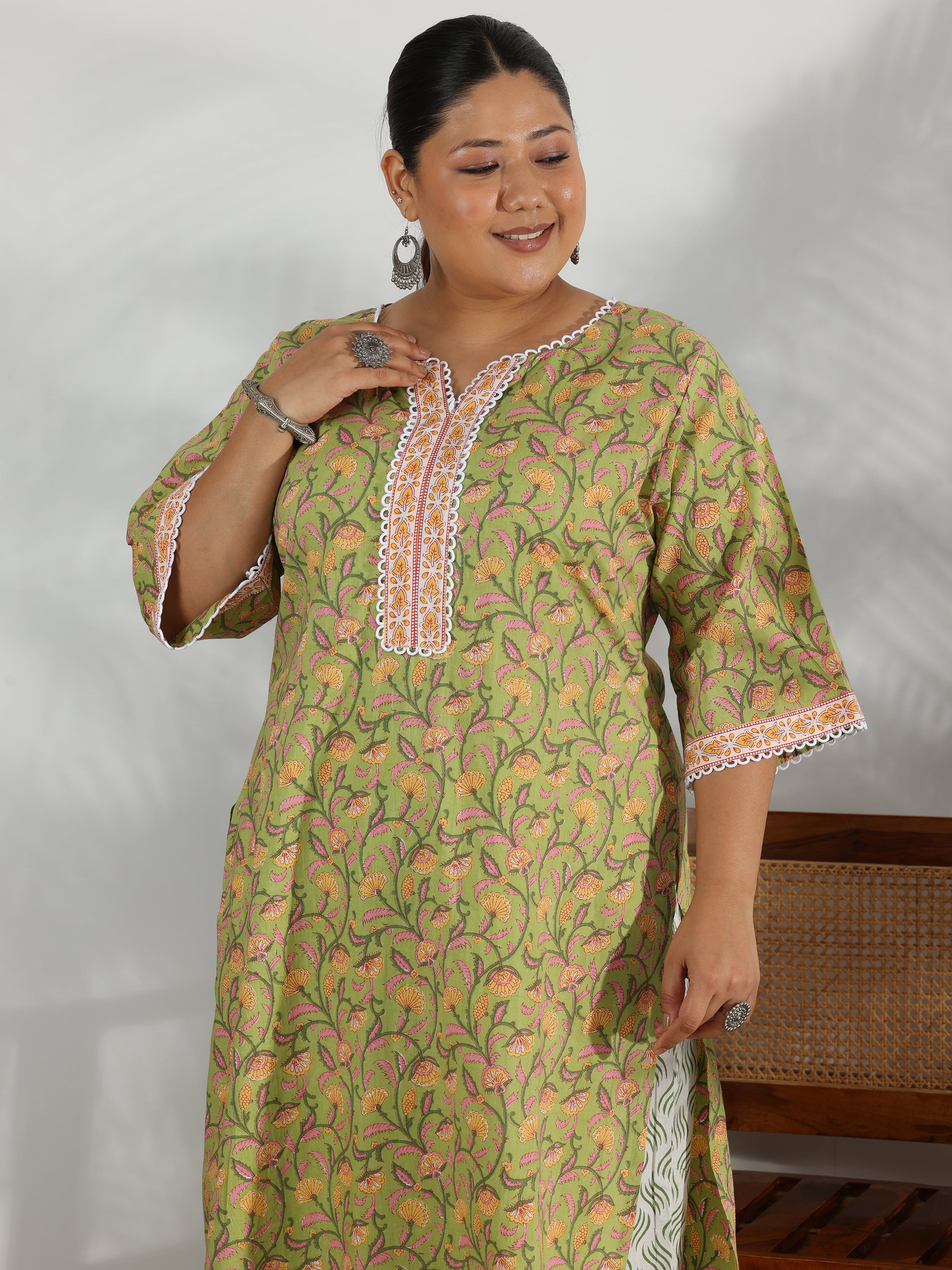 Plus Size Green Printed Cotton Straight Suit With Dupatta