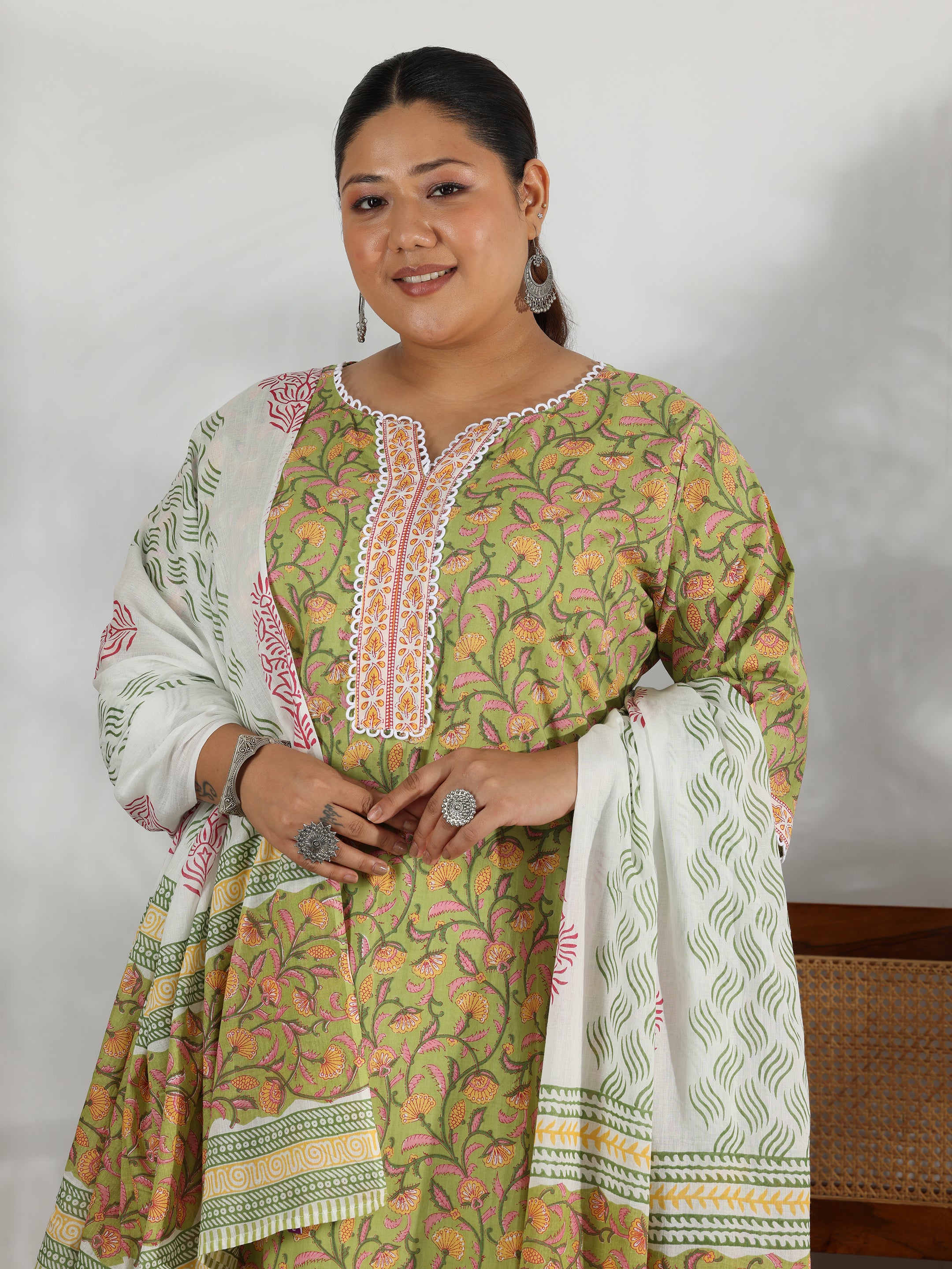 Plus Size Green Printed Cotton Straight Suit With Dupatta