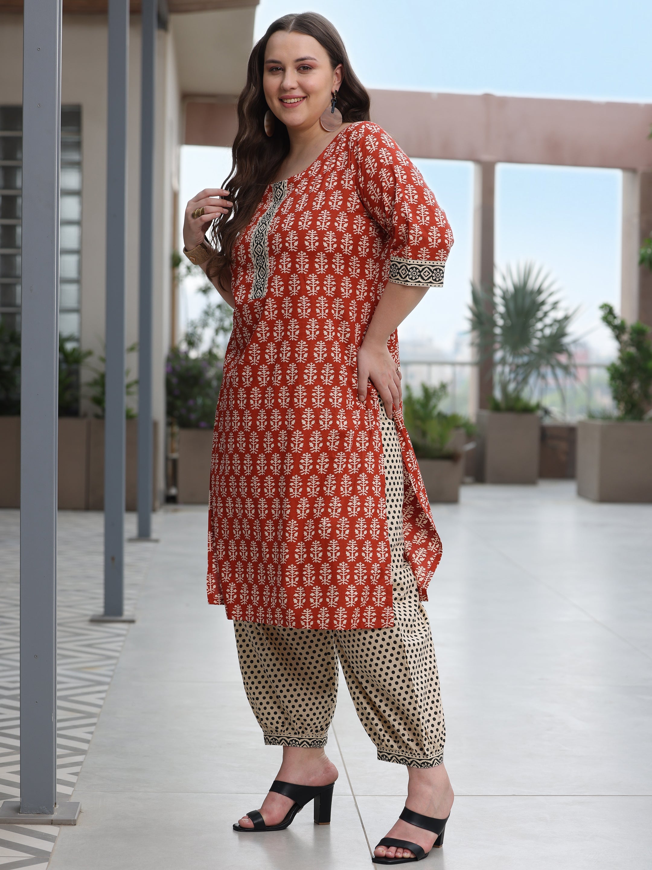 Plus Size Rust Printed Cotton Straight Suit With Dupatta