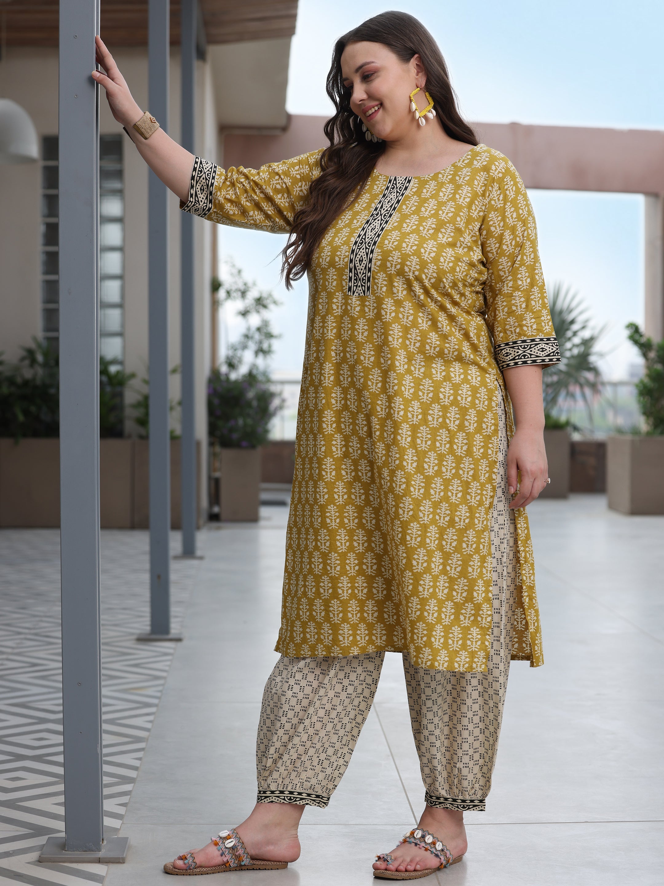 Plus Size Olive Printed Cotton Straight Suit With Dupatta