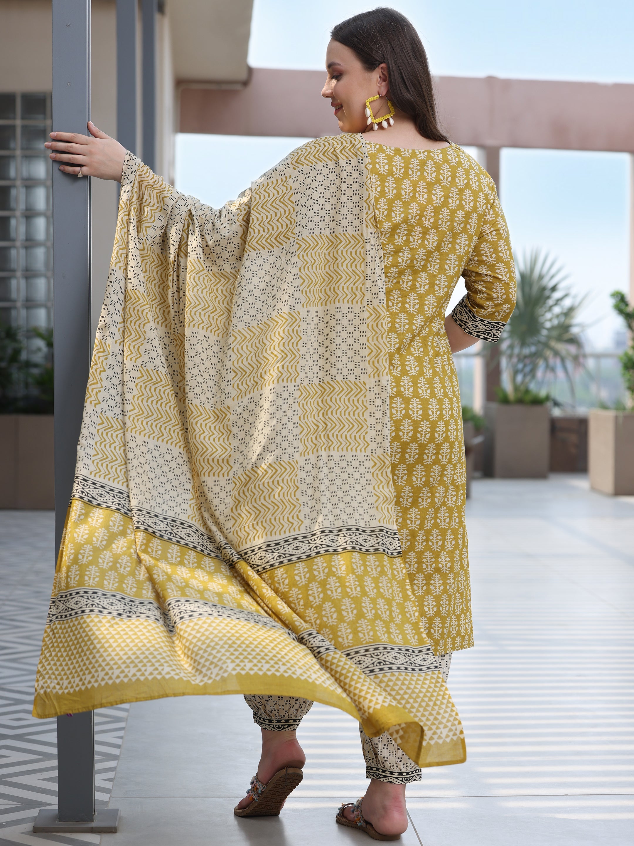 Plus Size Olive Printed Cotton Straight Suit With Dupatta