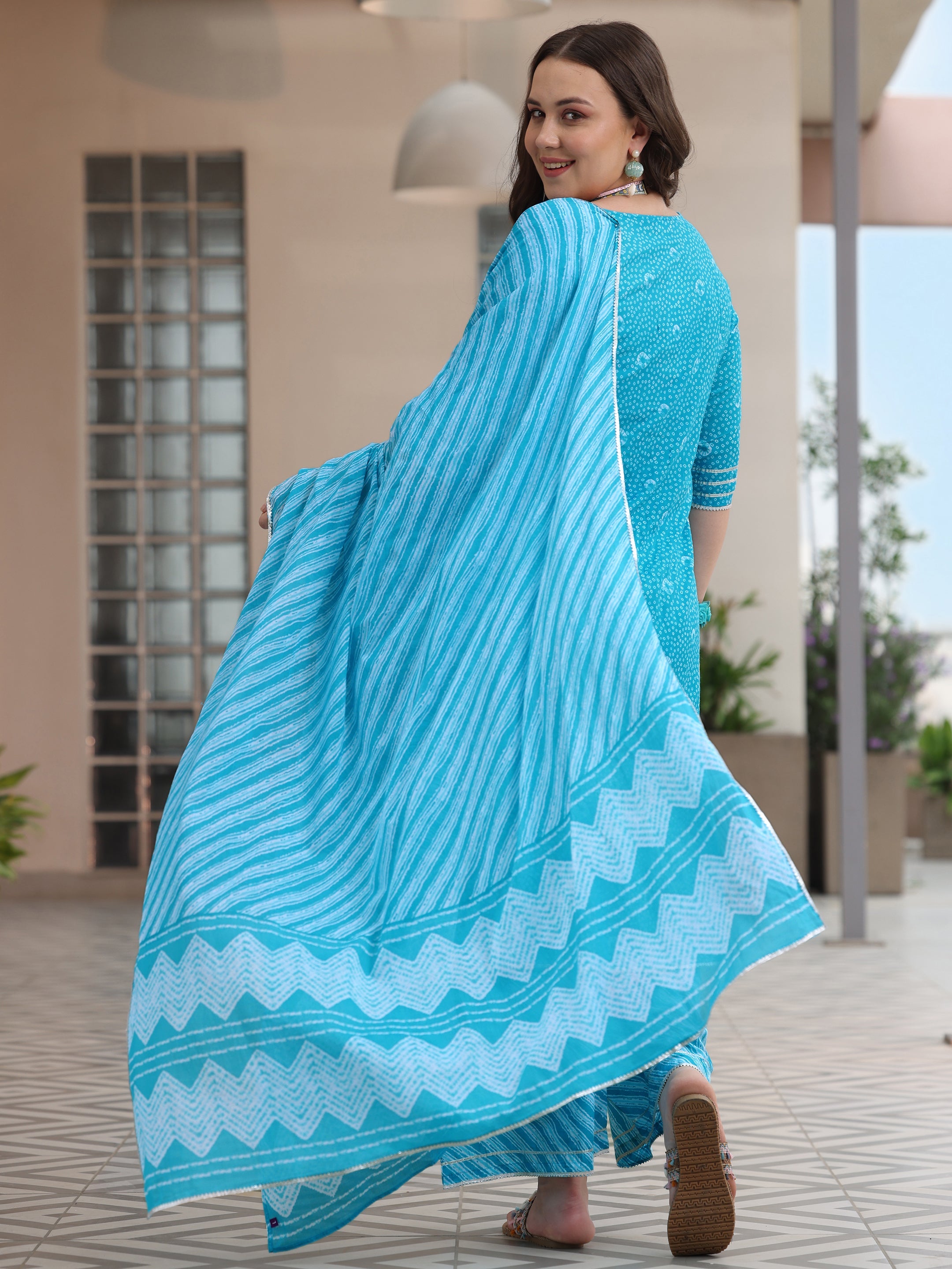 Plus Size Blue Printed Cotton Straight Suit With Dupatta