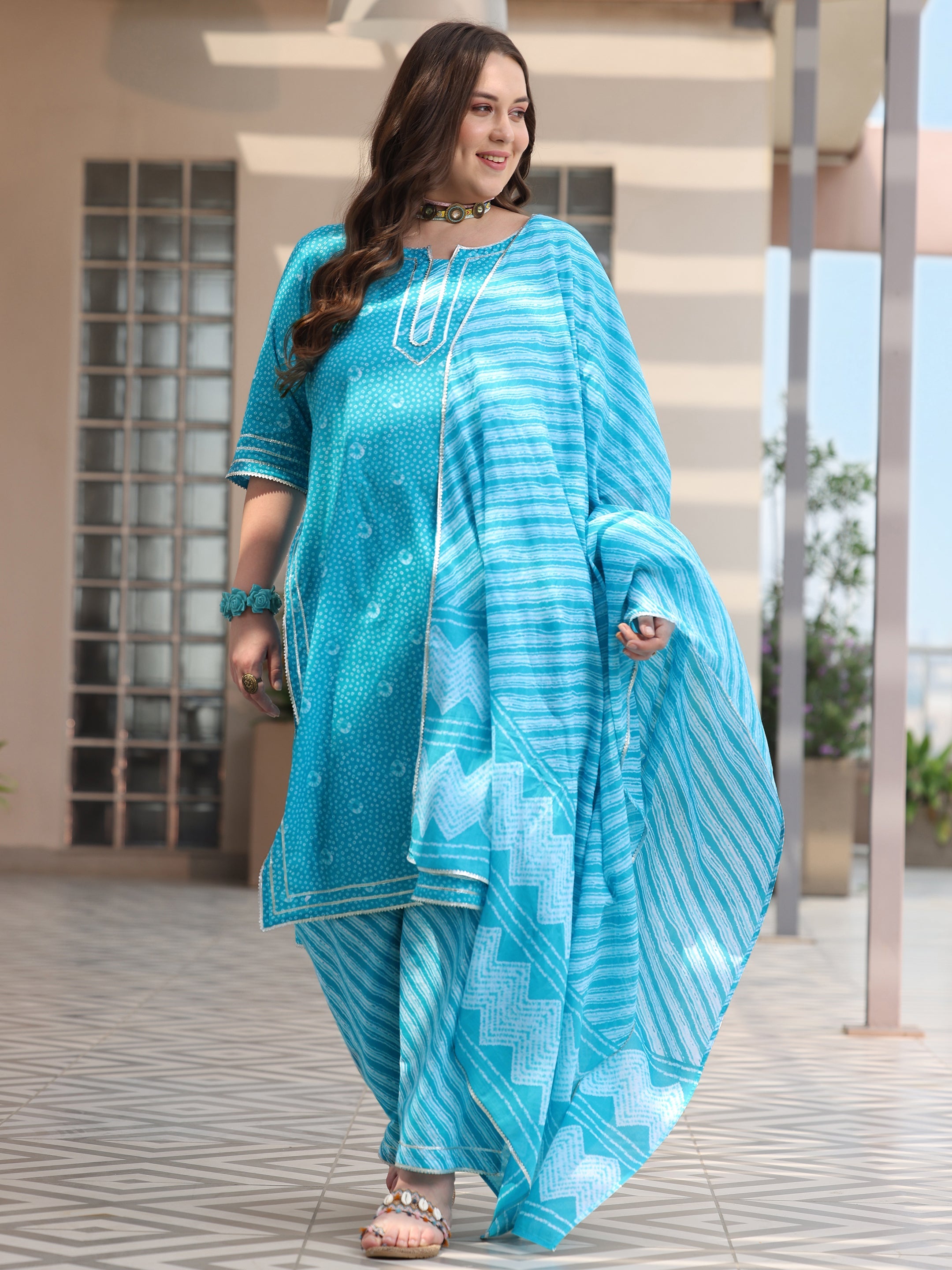 Plus Size Blue Printed Cotton Straight Suit With Dupatta