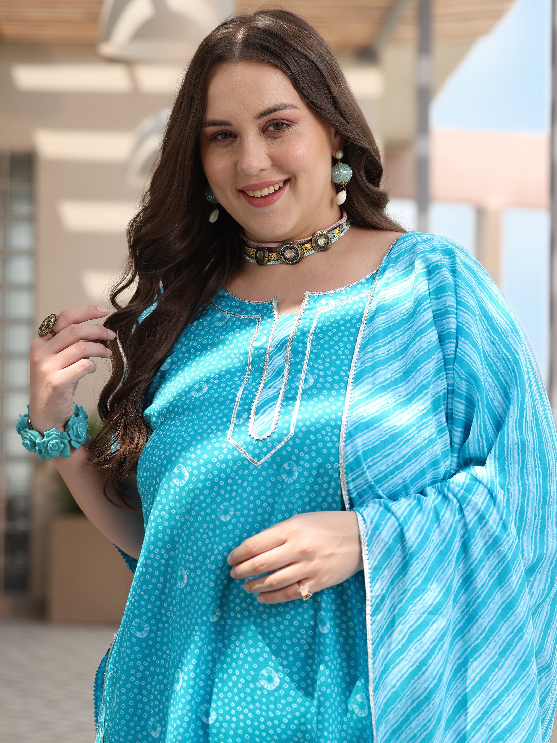 Plus Size Blue Printed Cotton Straight Suit With Dupatta