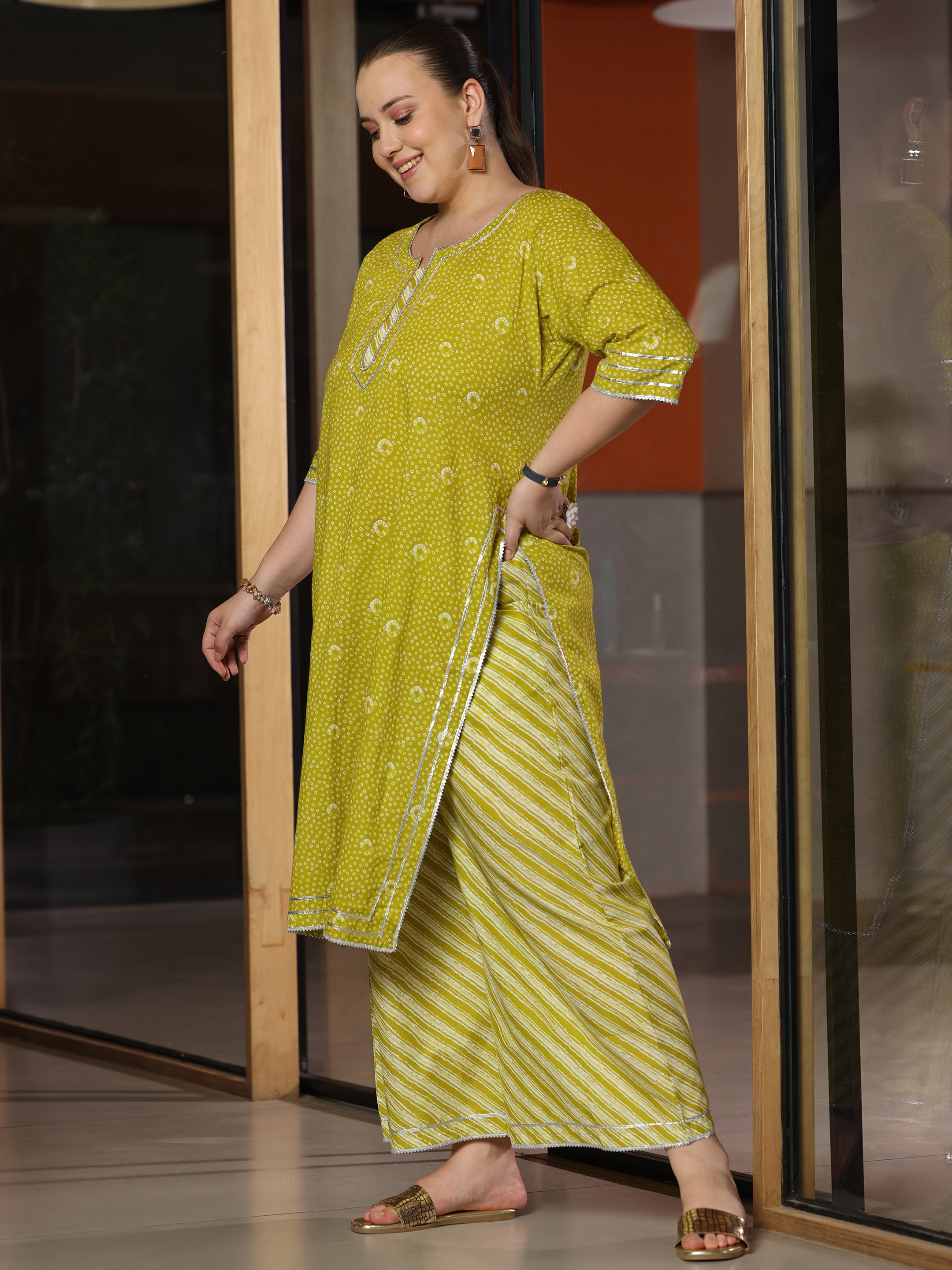 Plus Size Olive Printed Cotton Straight Suit With Dupatta