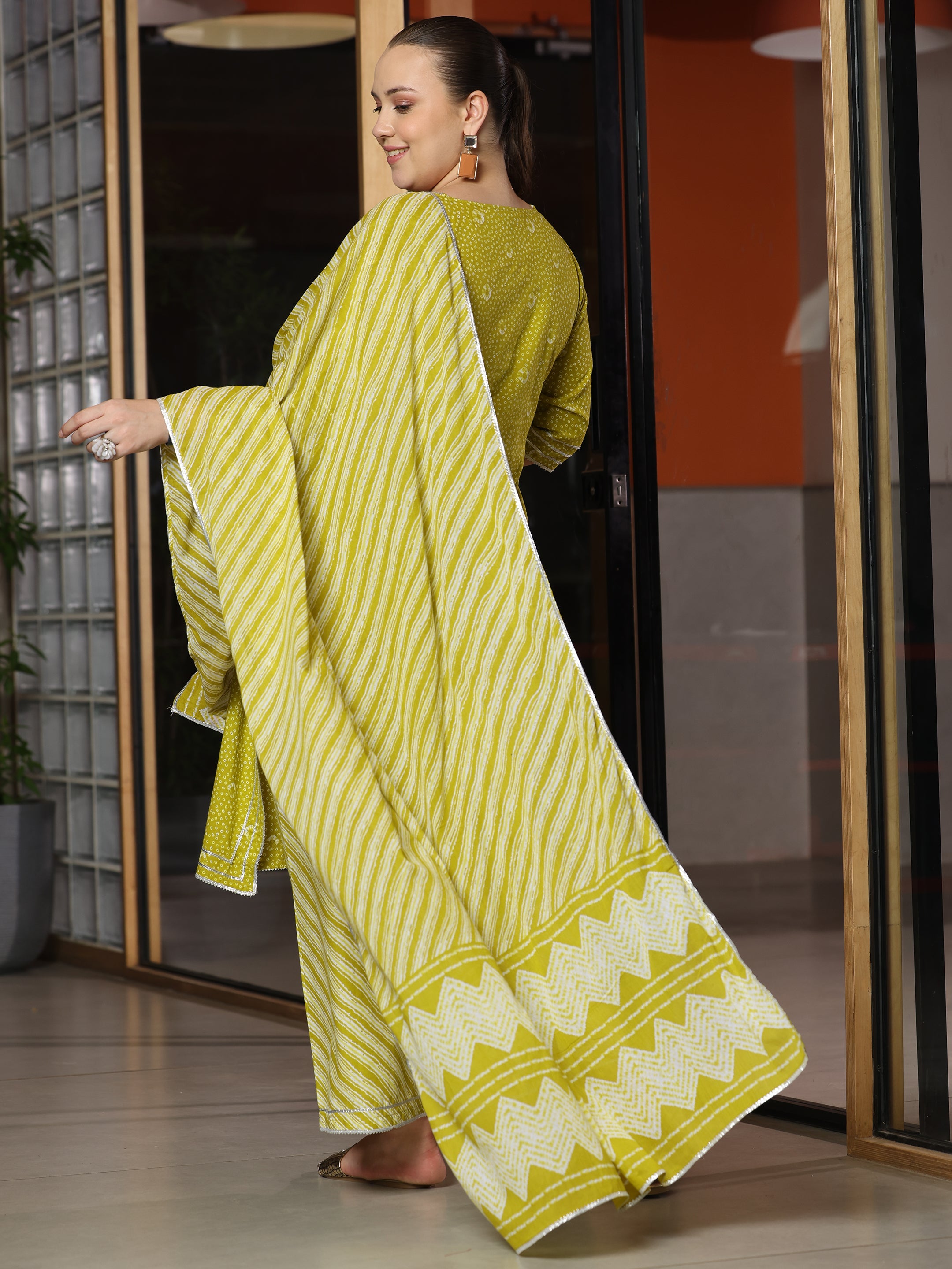 Plus Size Olive Printed Cotton Straight Suit With Dupatta