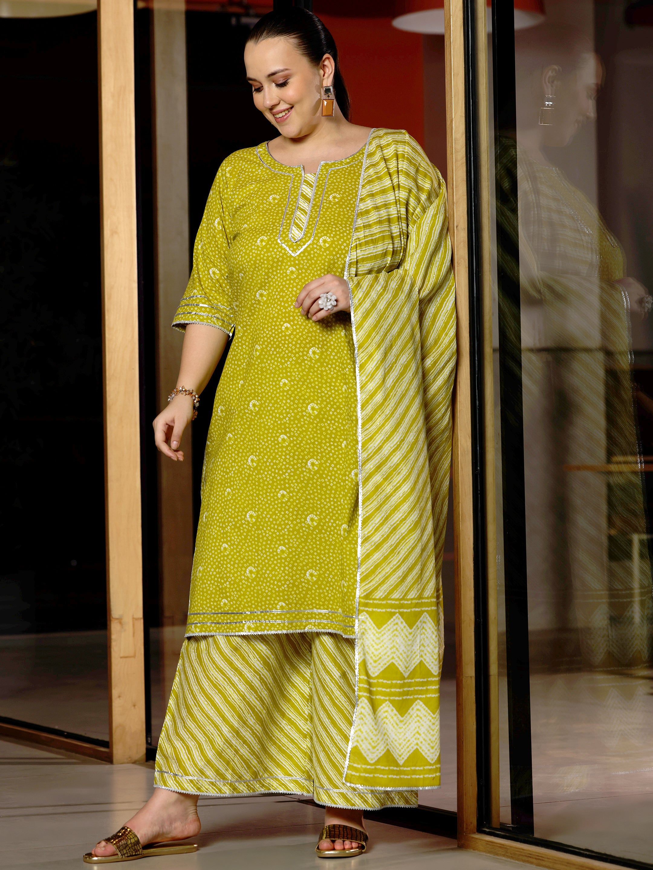 Plus Size Olive Printed Cotton Straight Suit With Dupatta