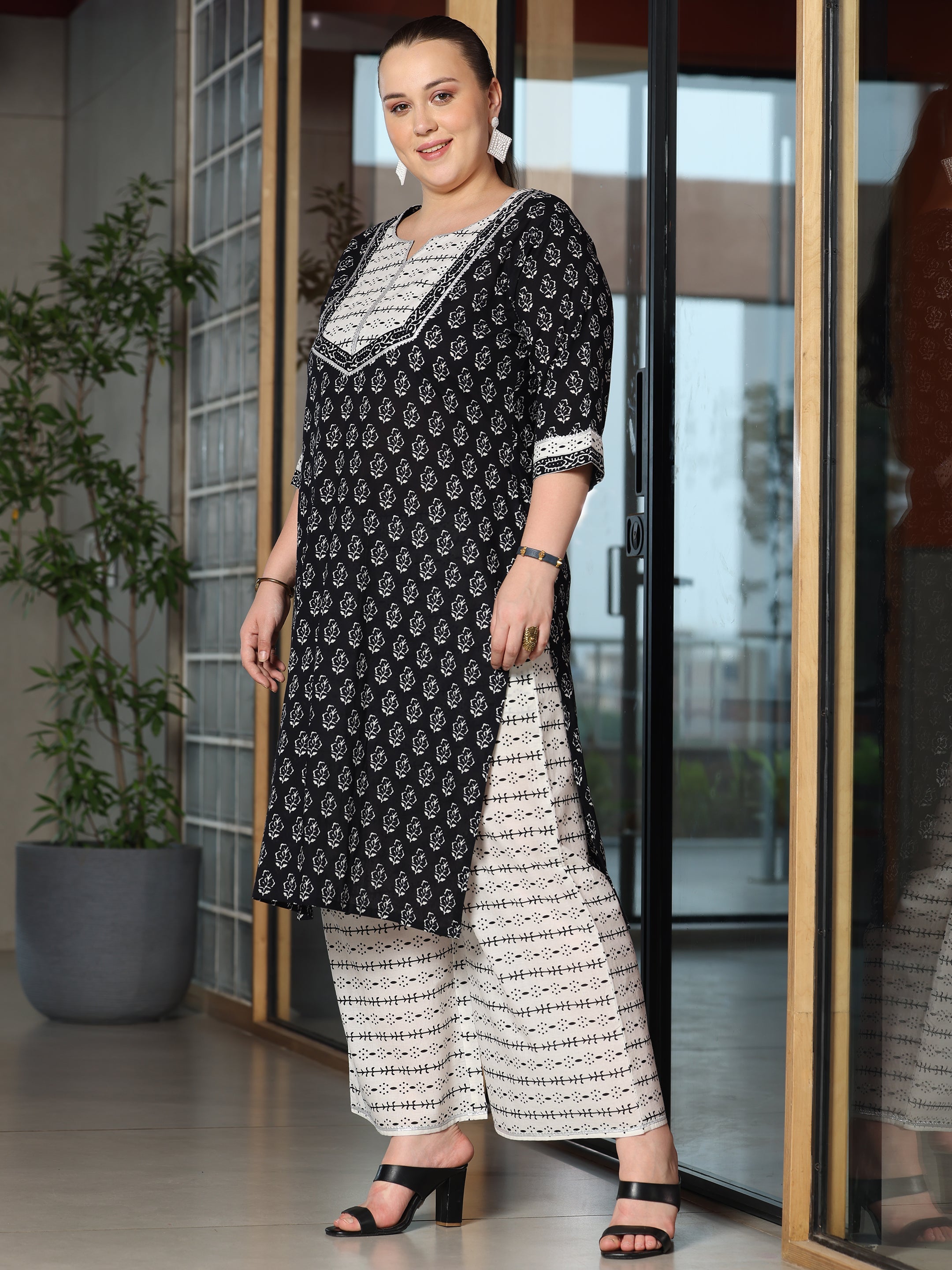 Plus Size Black Printed Cotton Straight Suit With Dupatta