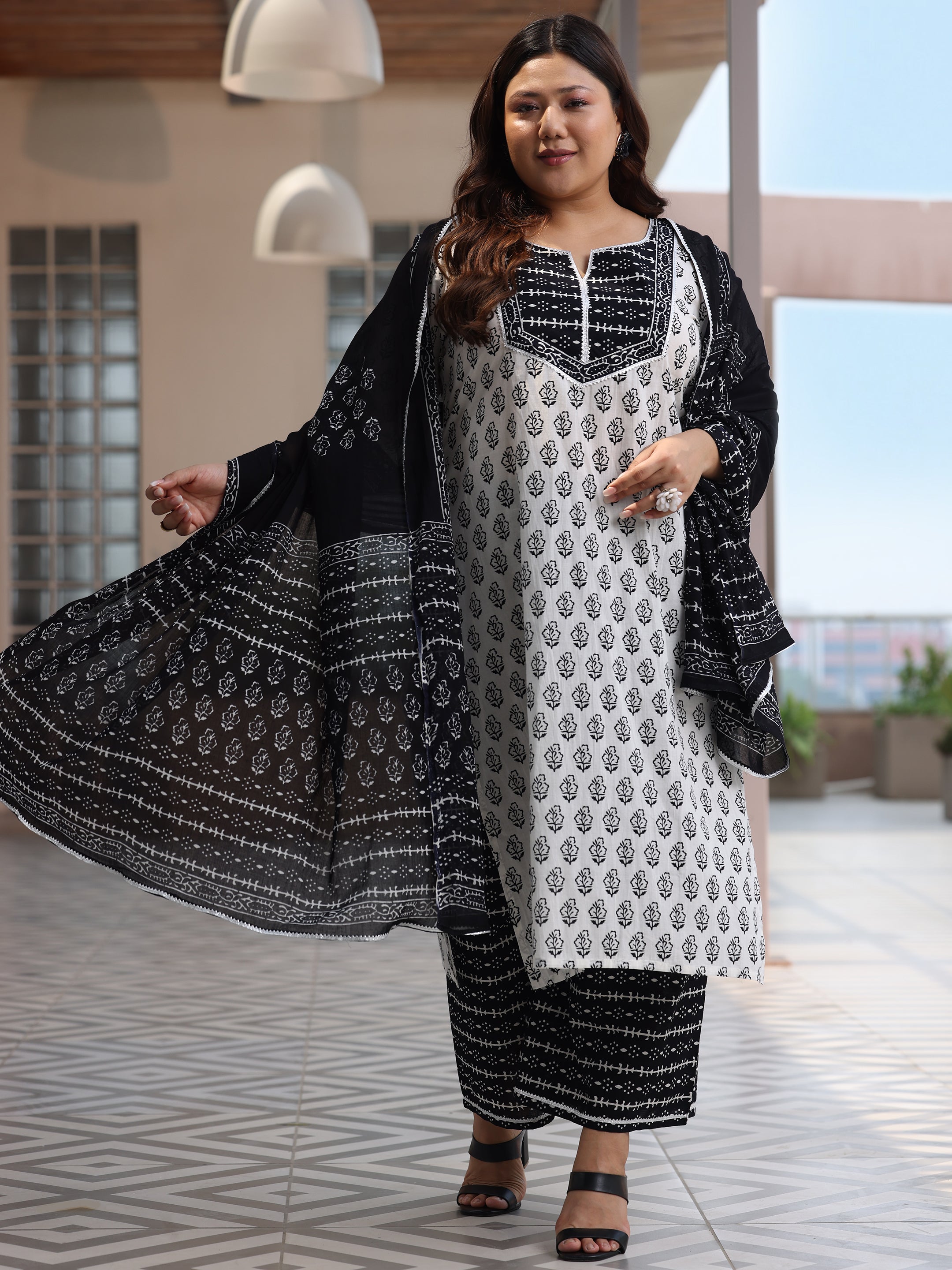 Plus Size Off White Printed Cotton Straight Suit With Dupatta