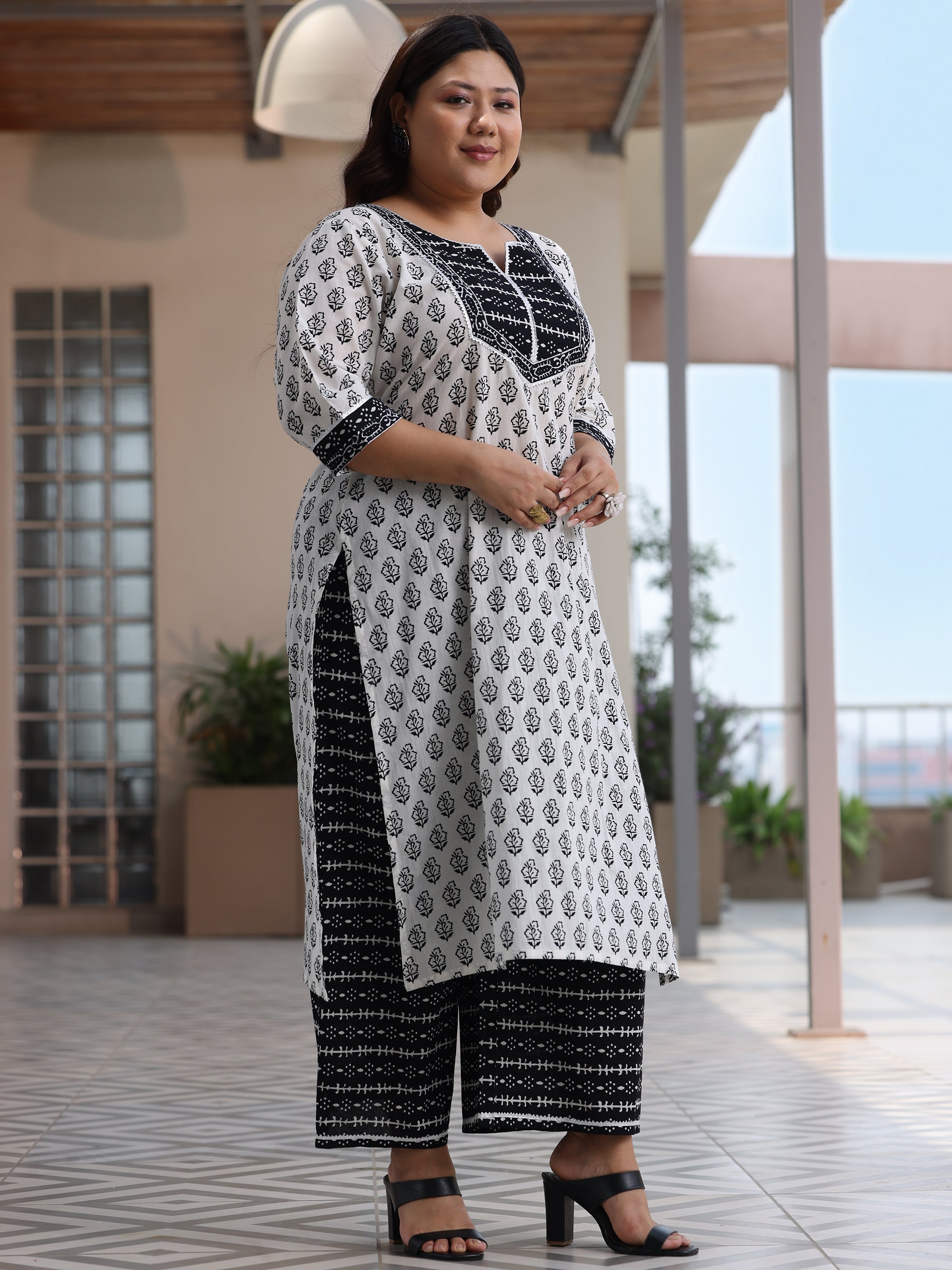 Plus Size Off White Printed Cotton Straight Suit With Dupatta