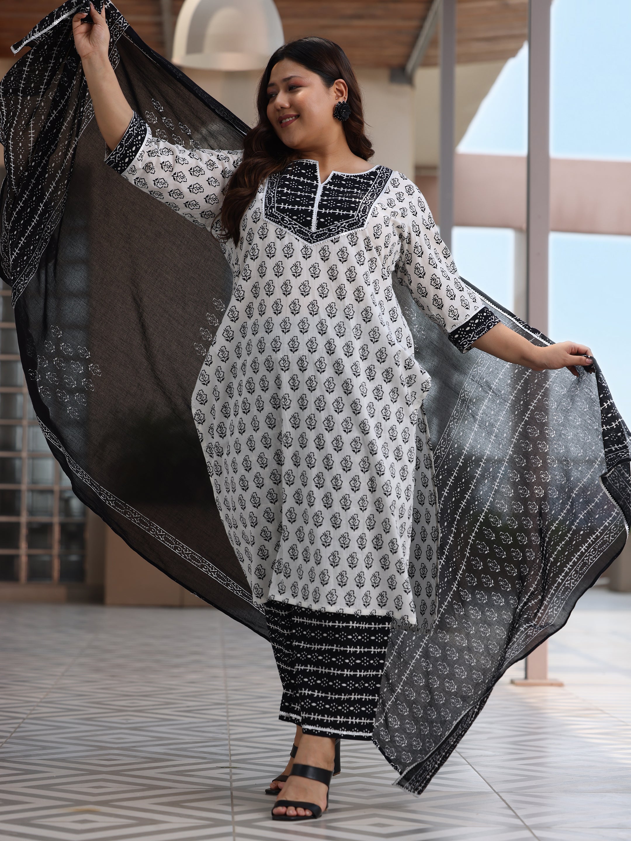 Plus Size Off White Printed Cotton Straight Suit With Dupatta