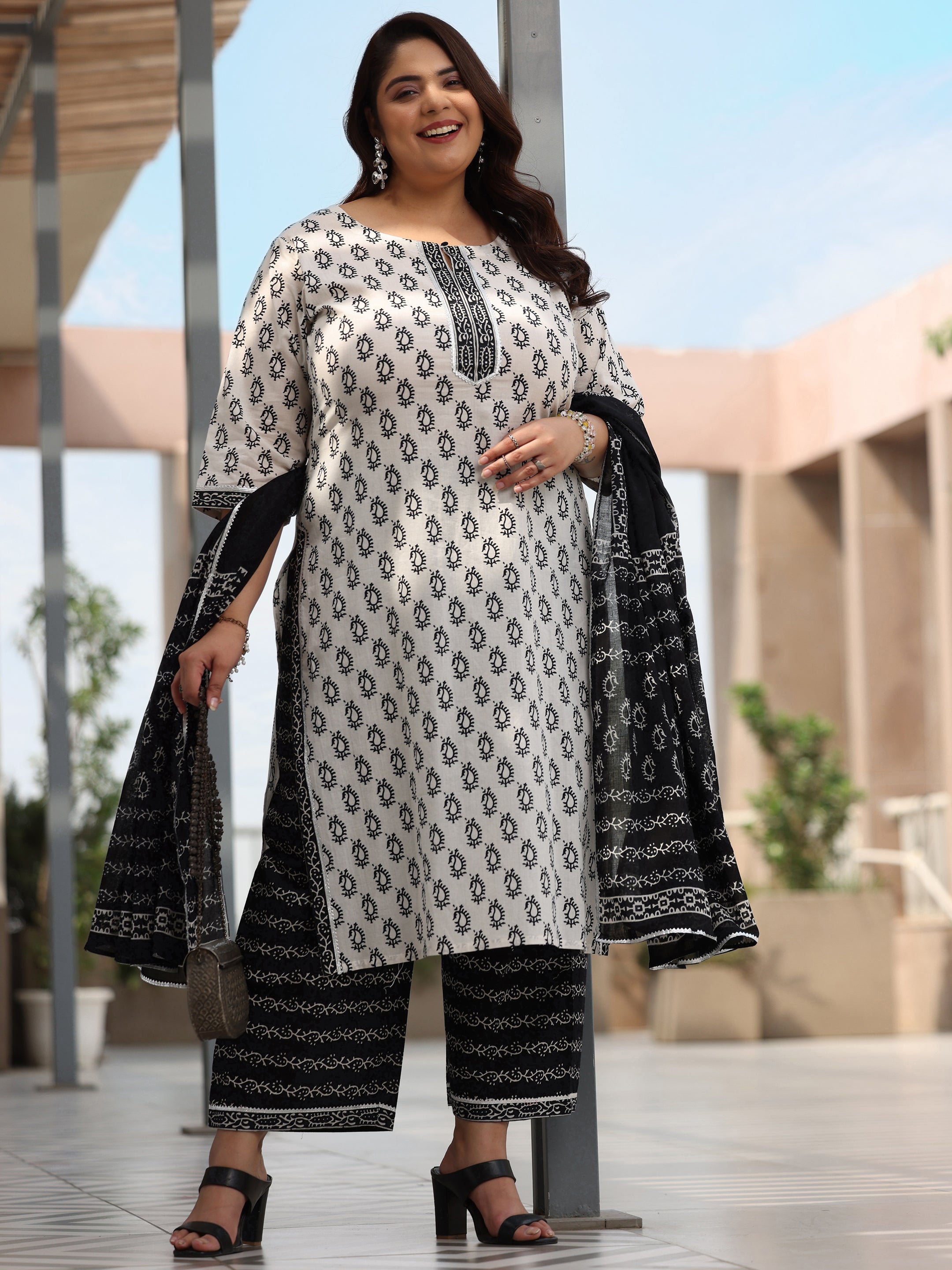 Plus Size Off White Printed Cotton Straight Suit With Dupatta