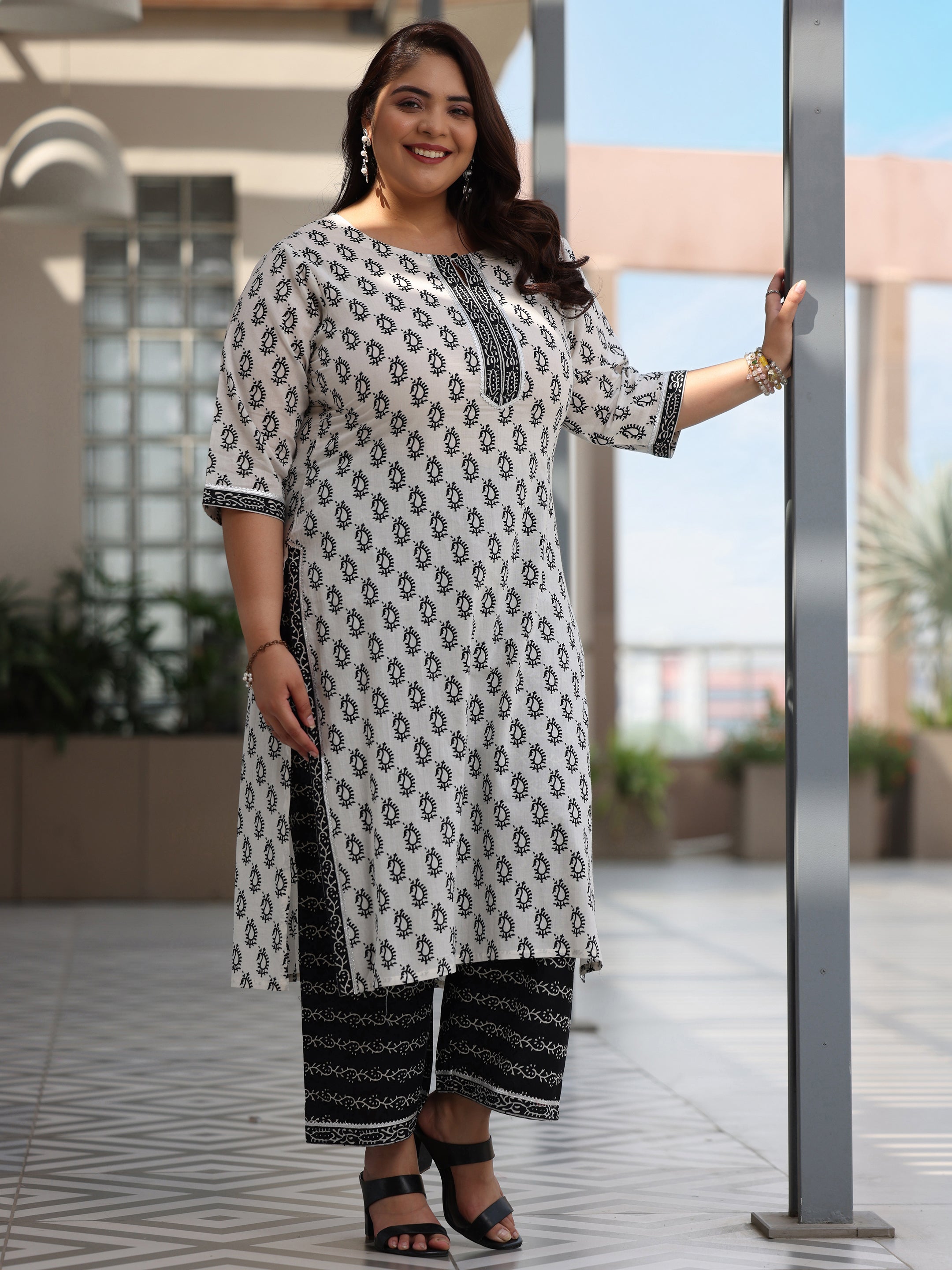 Plus Size Off White Printed Cotton Straight Suit With Dupatta