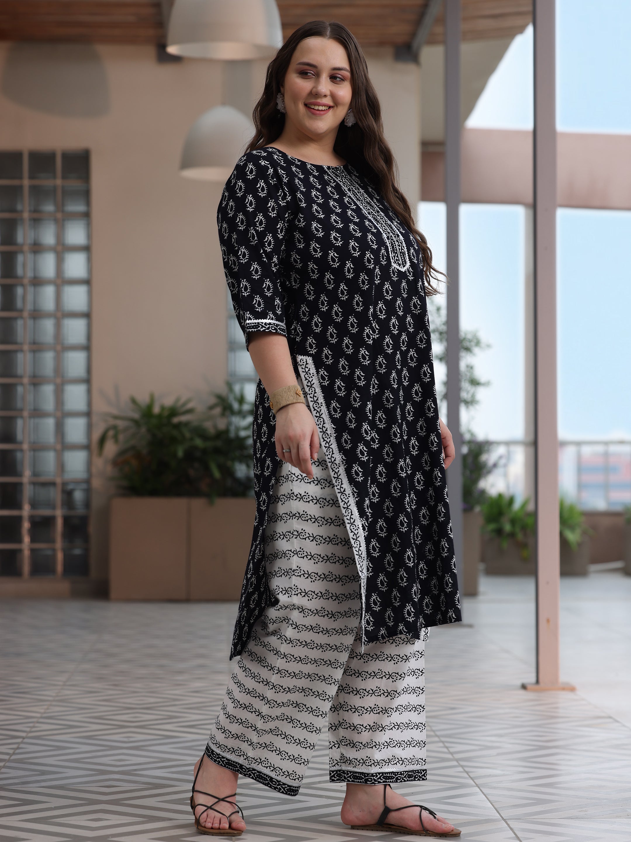 Plus Size Black Printed Cotton Straight Suit With Dupatta