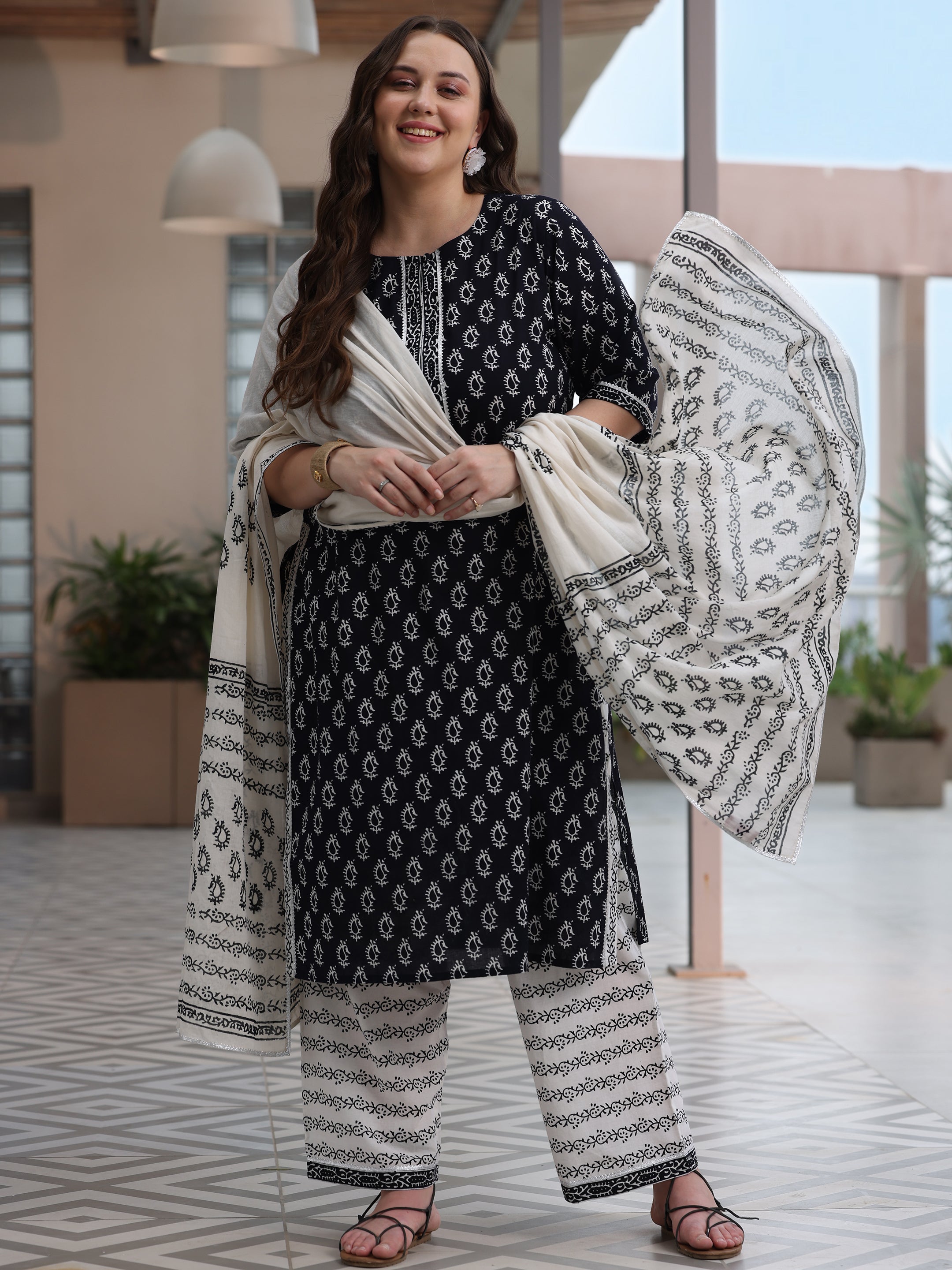 Plus Size Black Printed Cotton Straight Suit With Dupatta