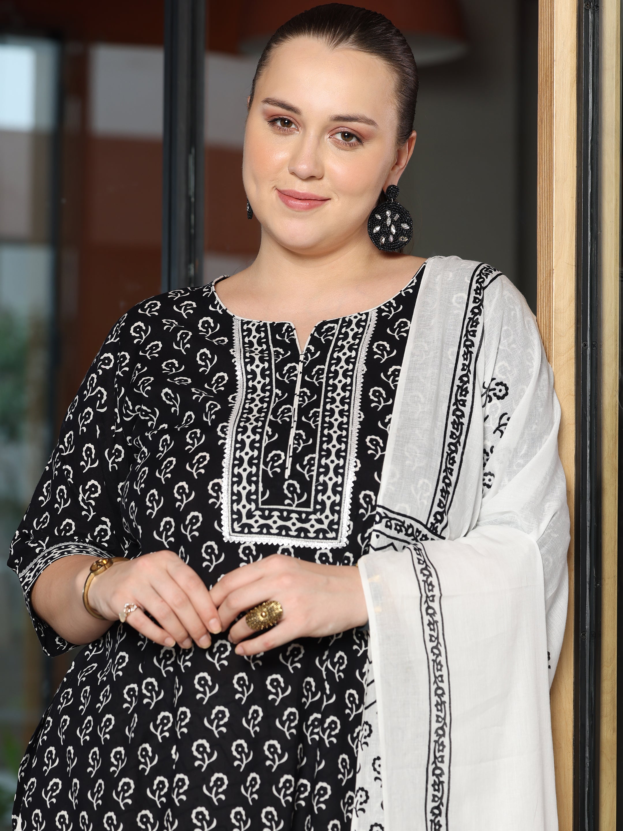 Plus Size Black Printed Cotton Straight Suit With Dupatta