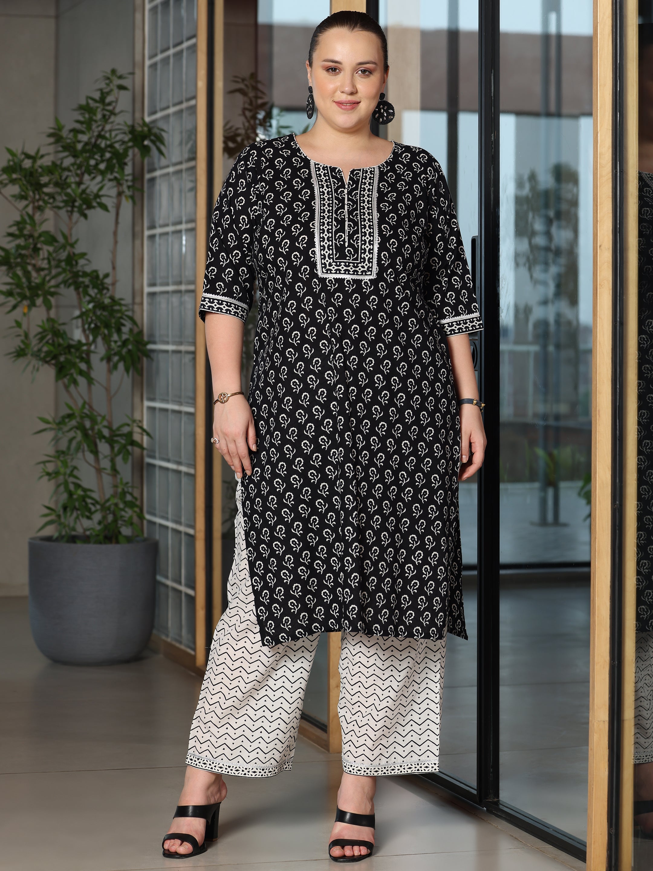 Plus Size Black Printed Cotton Straight Suit With Dupatta