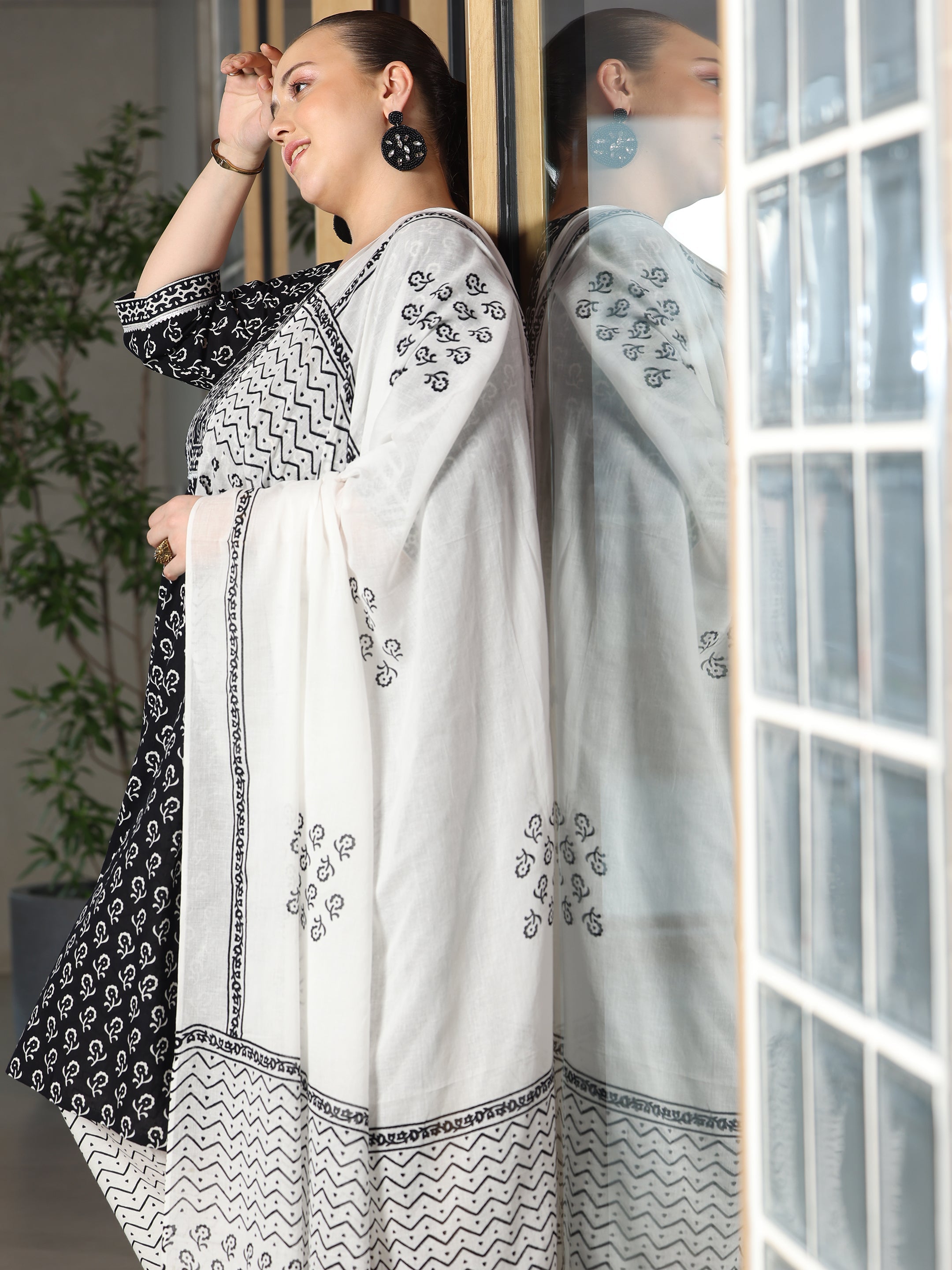 Plus Size Black Printed Cotton Straight Suit With Dupatta