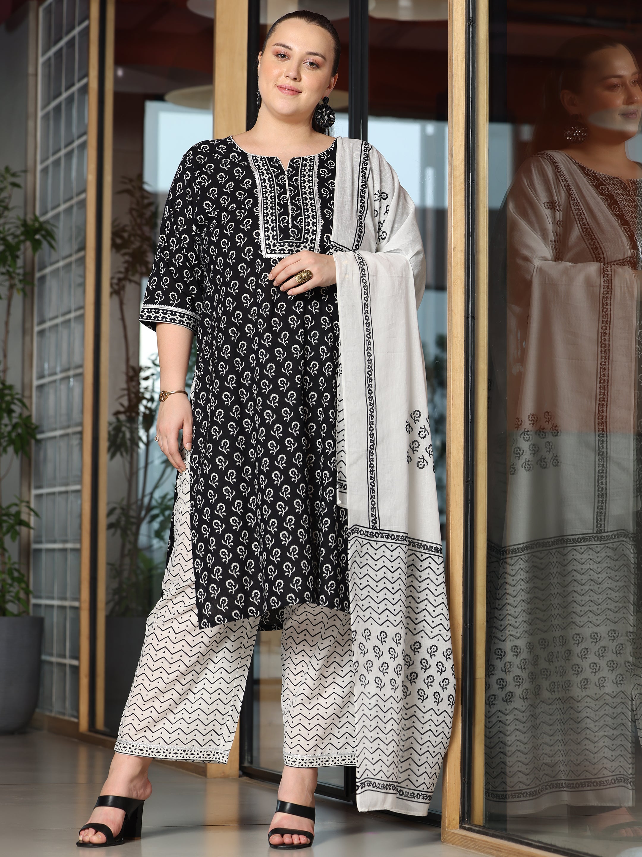 Plus Size Black Printed Cotton Straight Suit With Dupatta