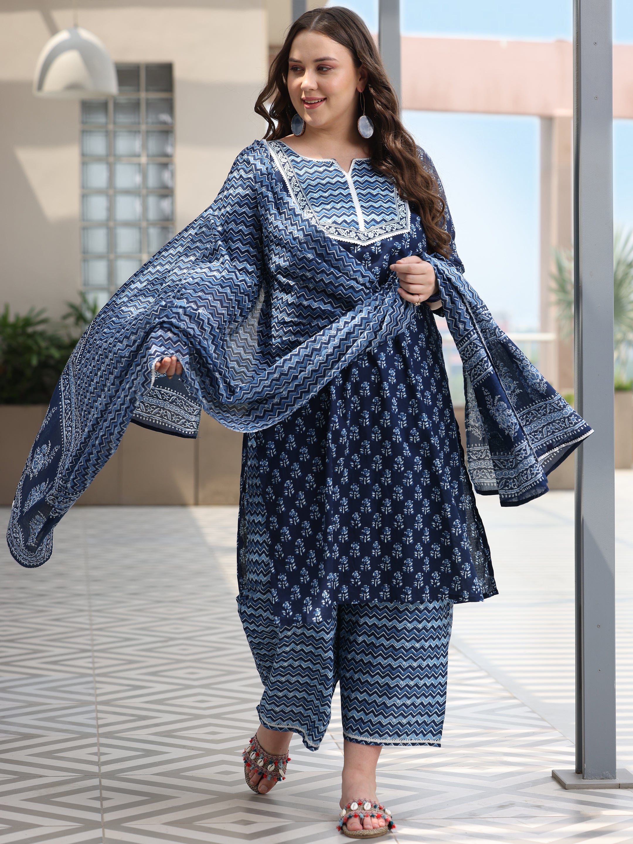 Plus Size Blue Printed Cotton Straight Suit With Dupatta