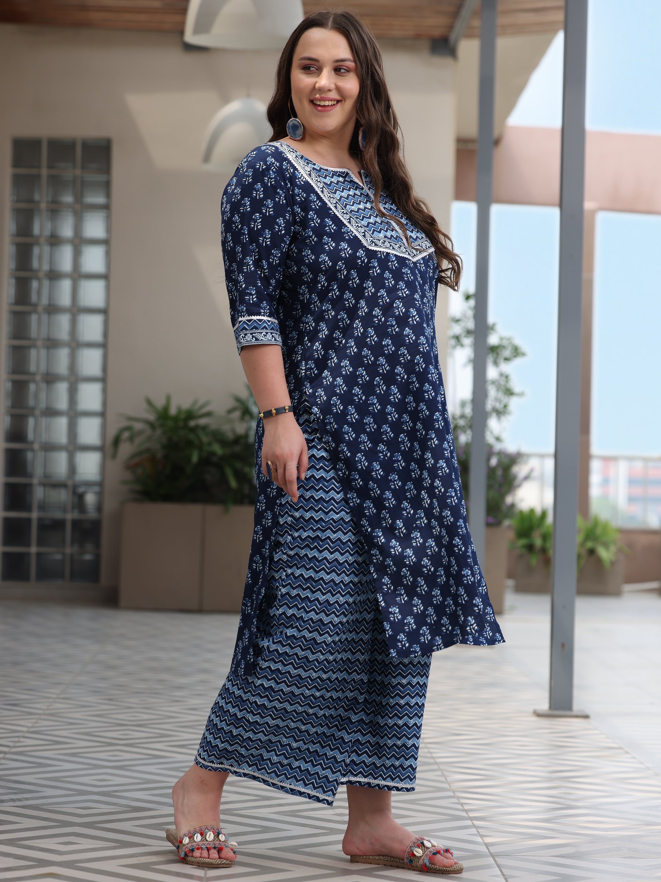 Plus Size Blue Printed Cotton Straight Suit With Dupatta