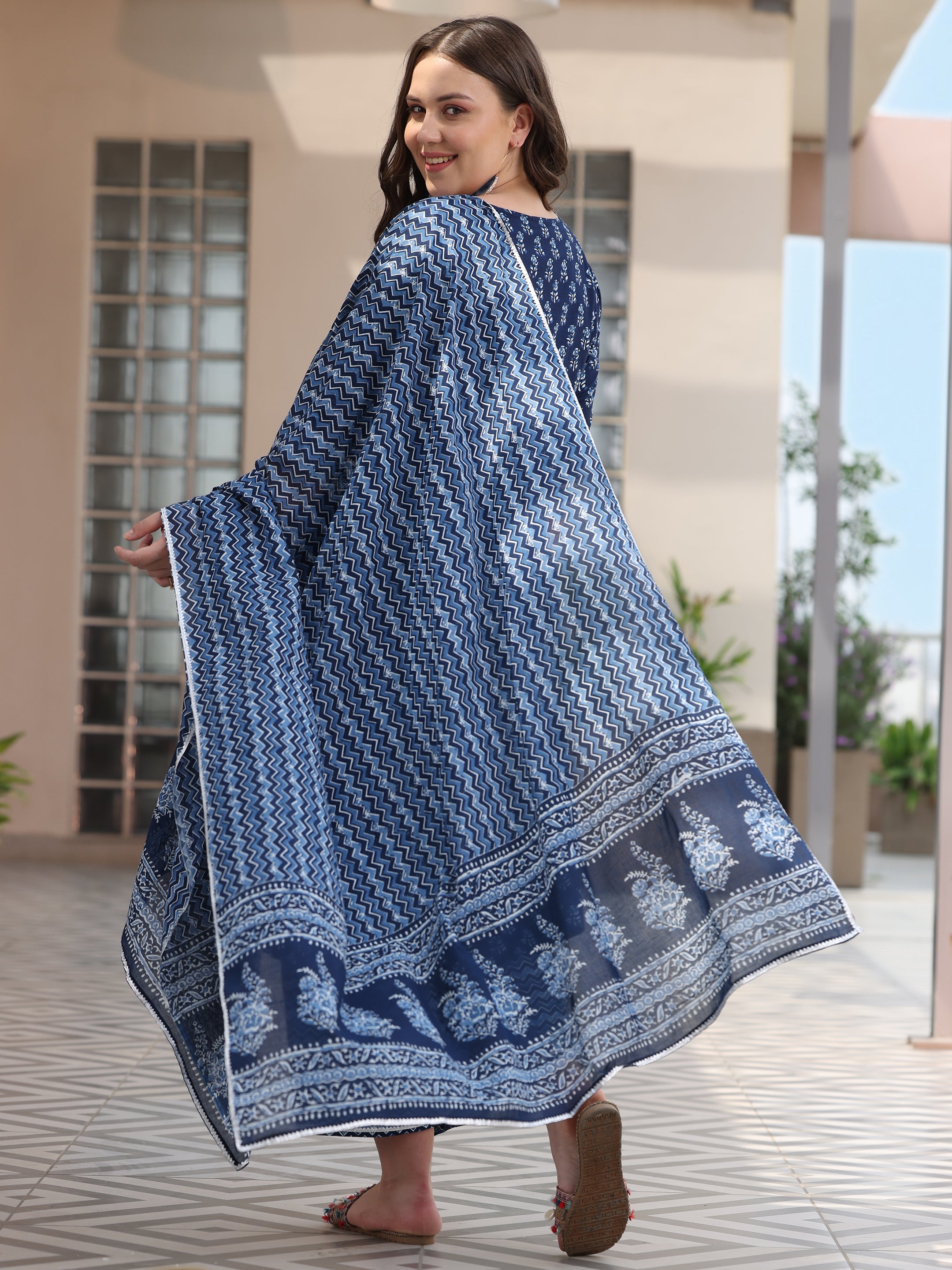 Plus Size Blue Printed Cotton Straight Suit With Dupatta