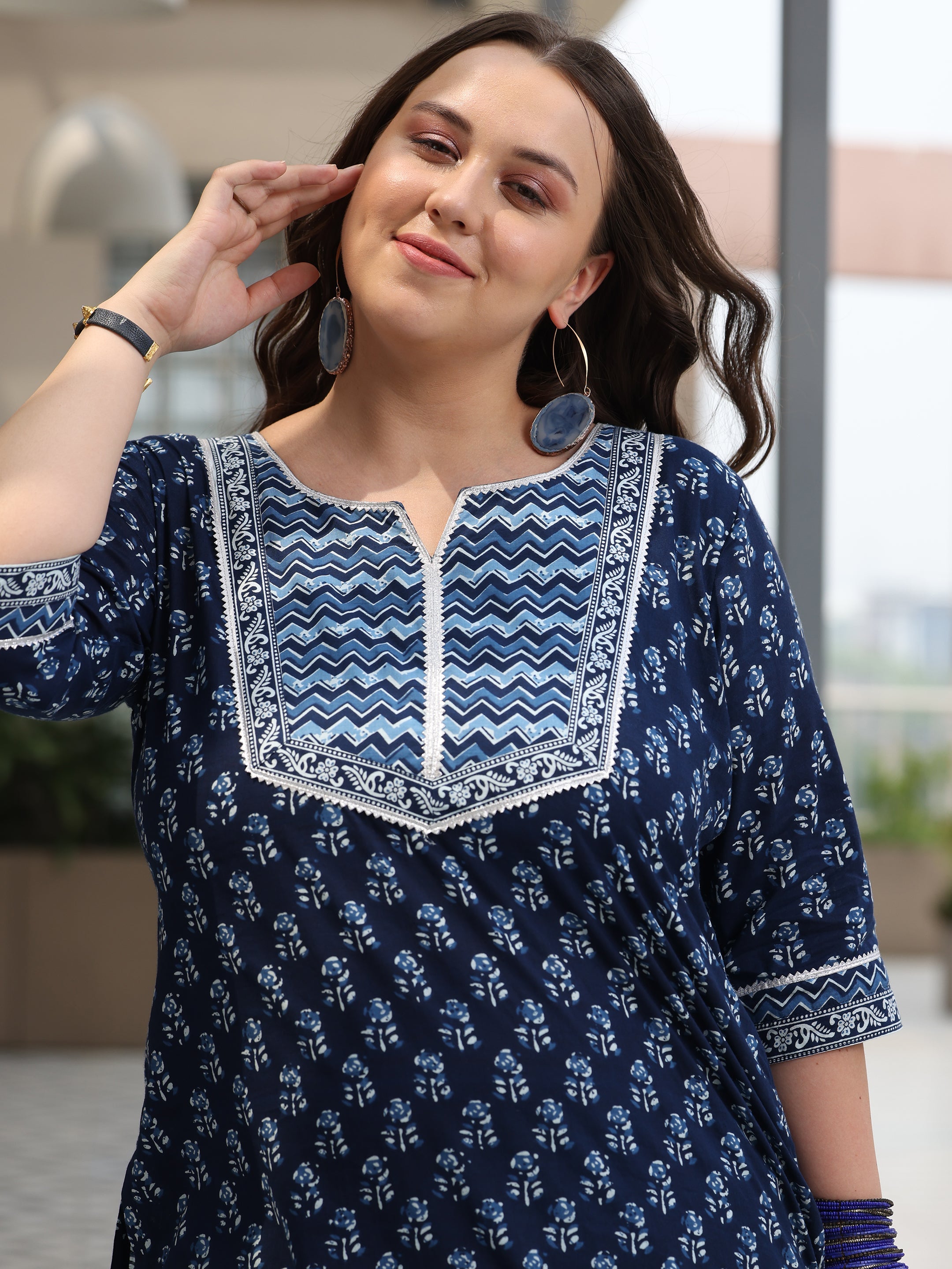 Plus Size Blue Printed Cotton Straight Suit With Dupatta