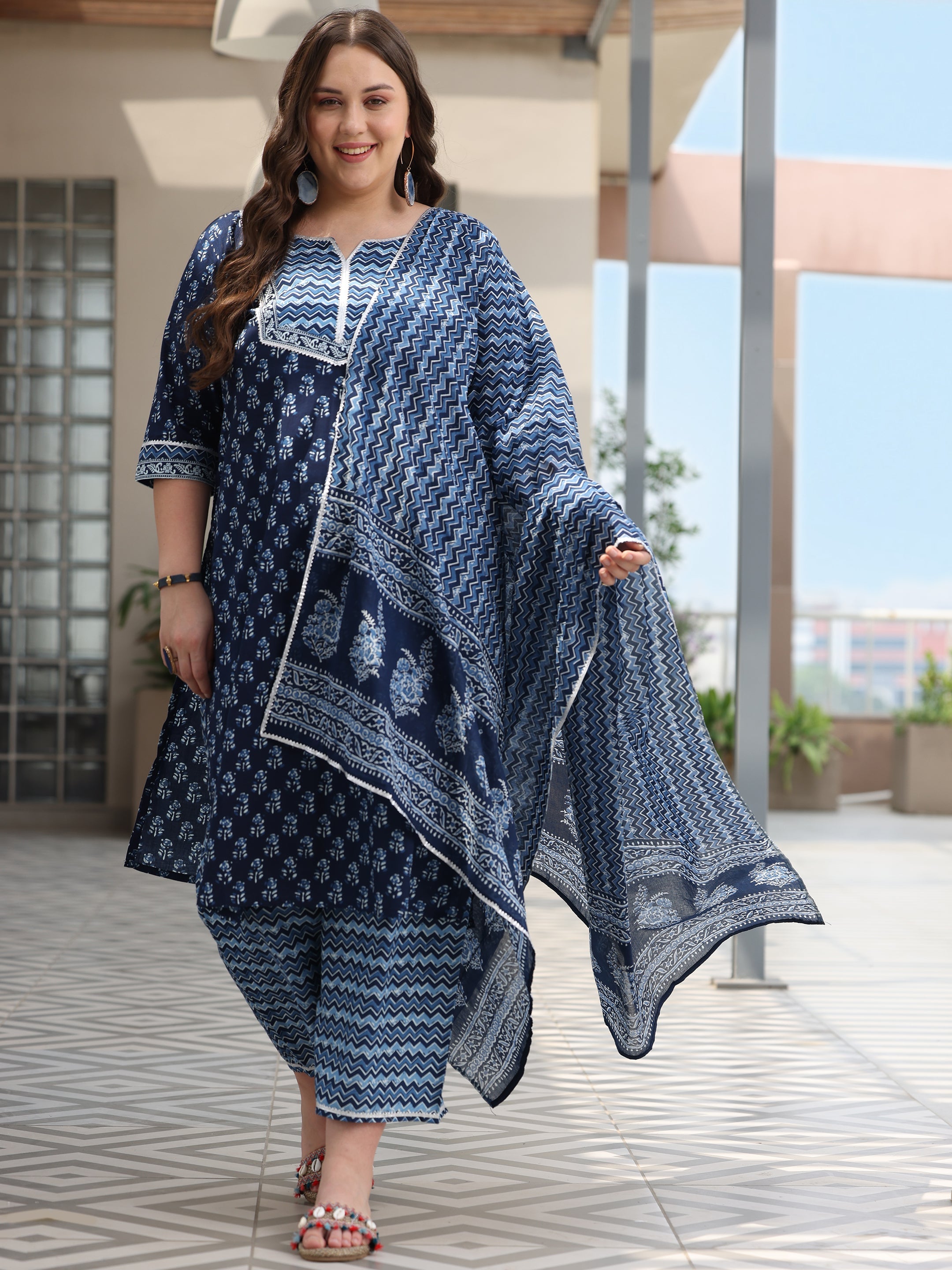 Plus Size Blue Printed Cotton Straight Suit With Dupatta