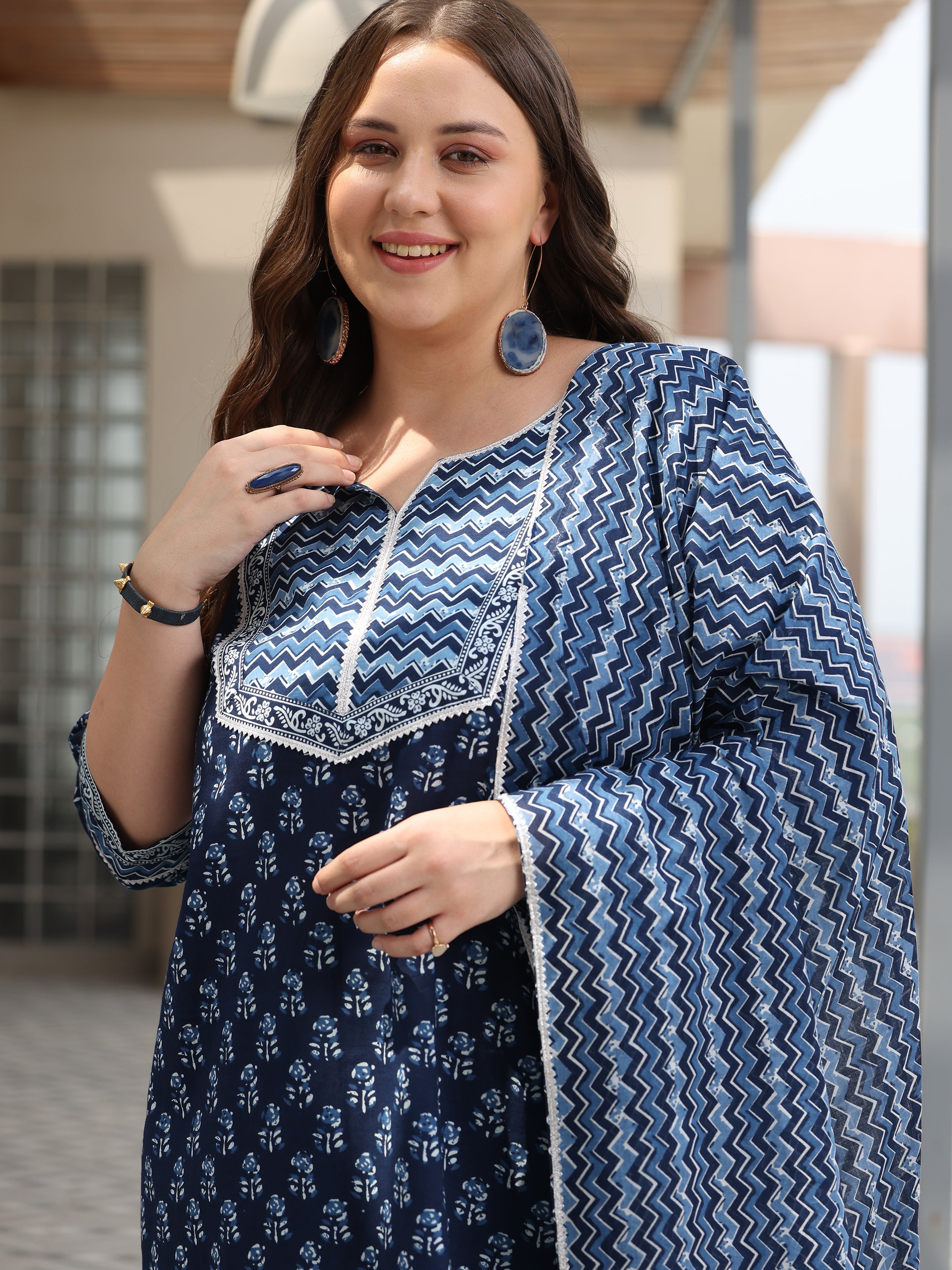 Plus Size Blue Printed Cotton Straight Suit With Dupatta