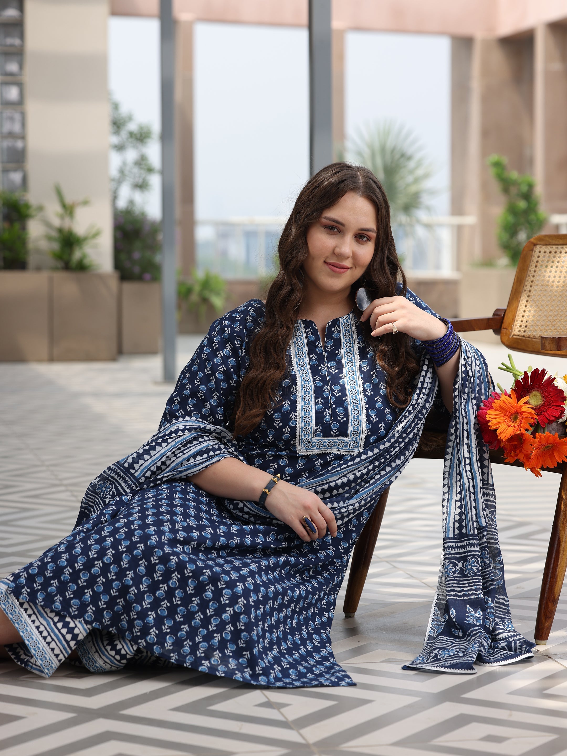 Plus Size Blue Printed Cotton Straight Suit With Dupatta