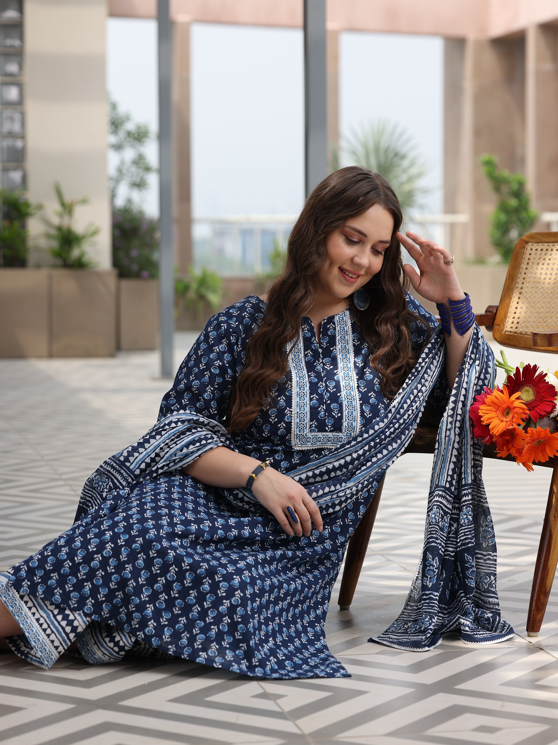 Plus Size Blue Printed Cotton Straight Suit With Dupatta