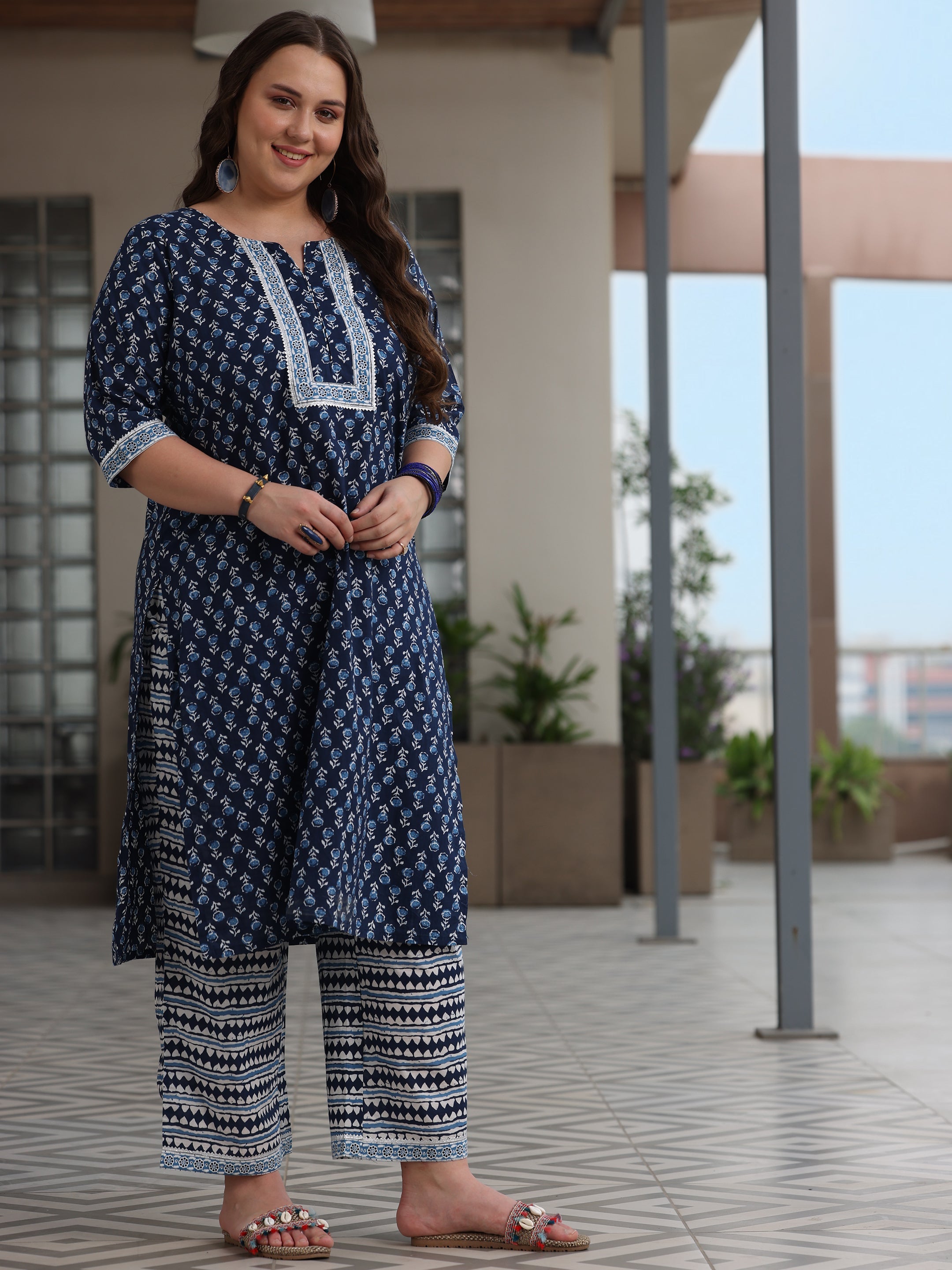 Plus Size Blue Printed Cotton Straight Suit With Dupatta