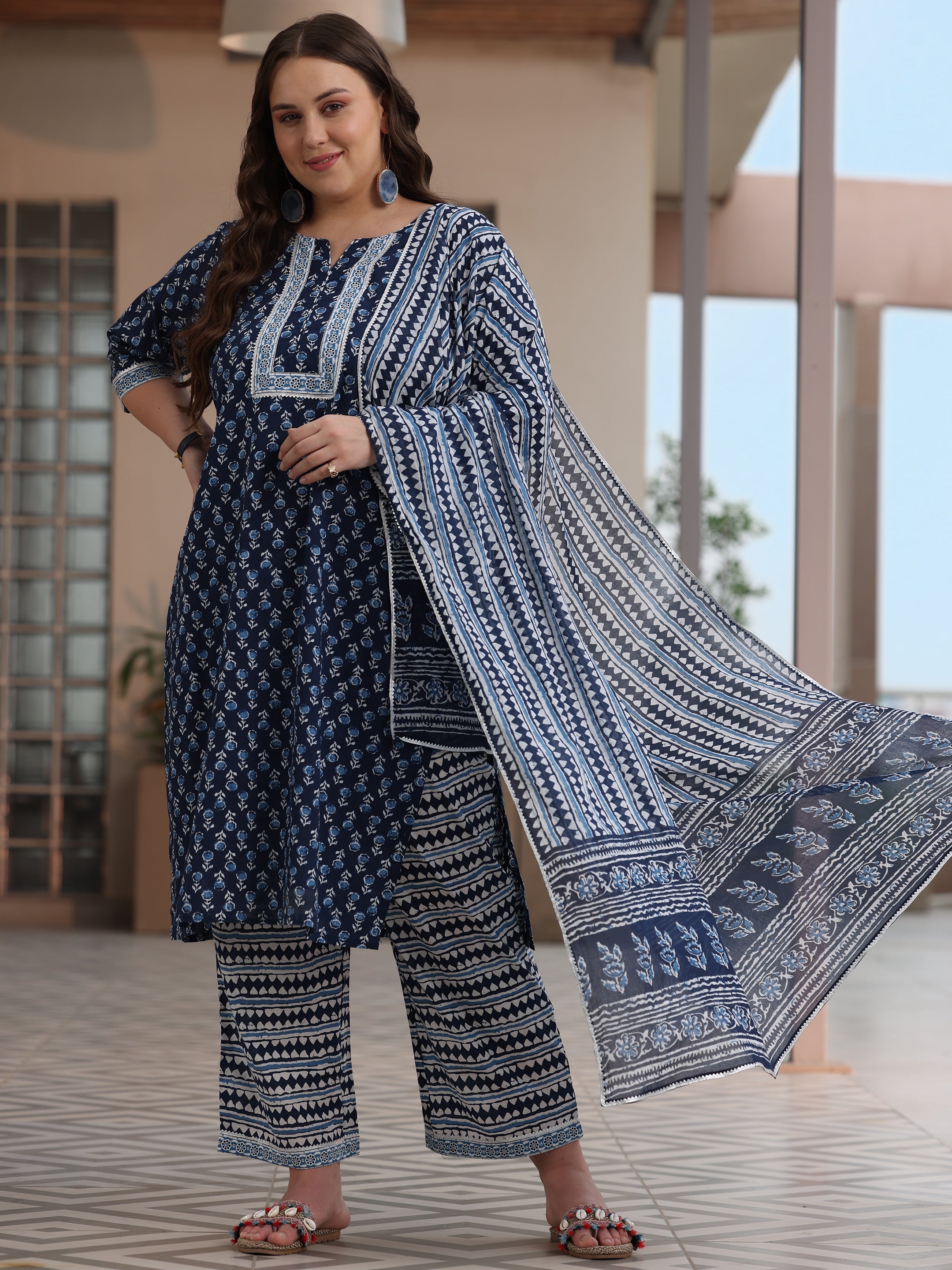 Plus Size Blue Printed Cotton Straight Suit With Dupatta