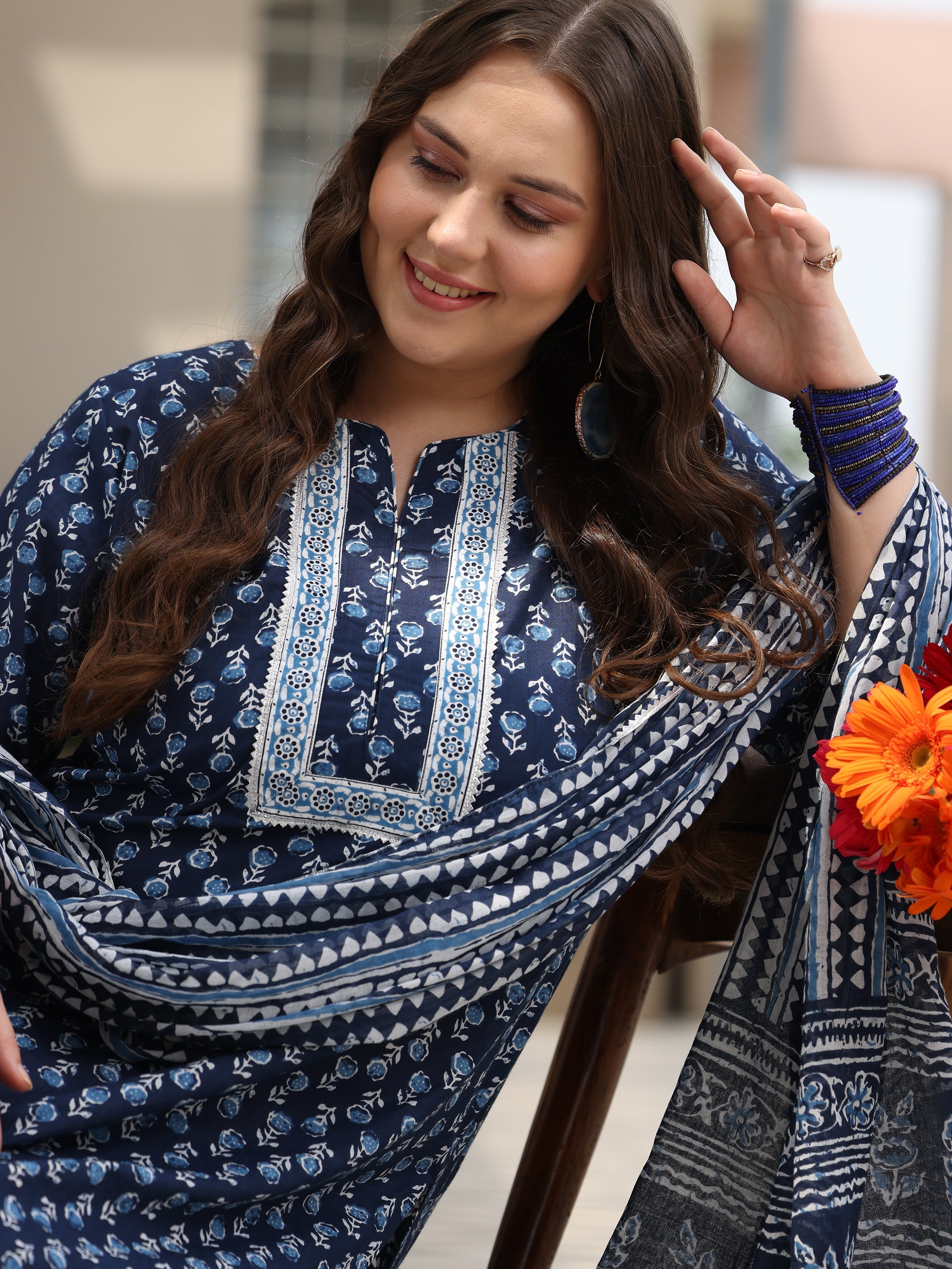 Plus Size Blue Printed Cotton Straight Suit With Dupatta